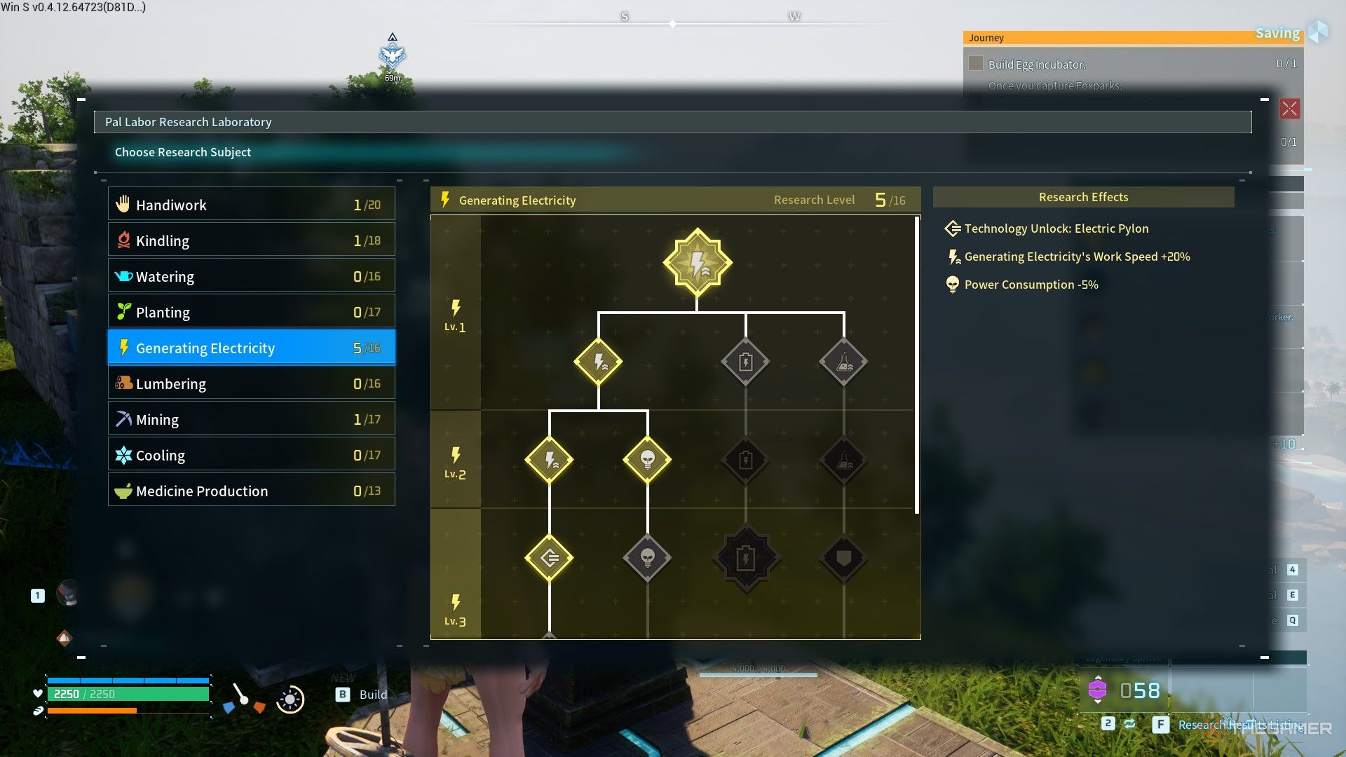 The player checks the genearating electricity research tree in Palworld.