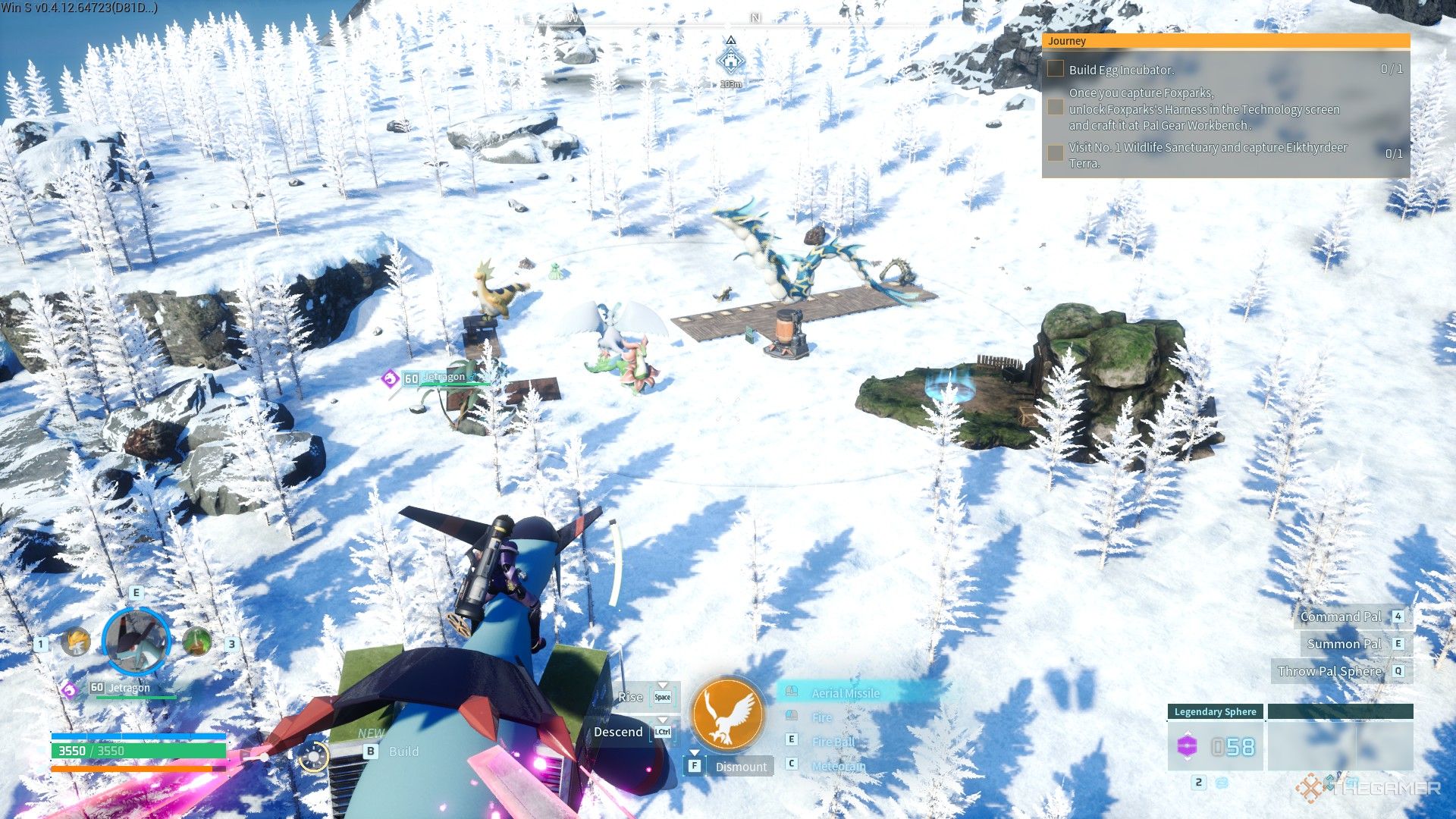 The player builds a base on a snowy terrain in Palworld.