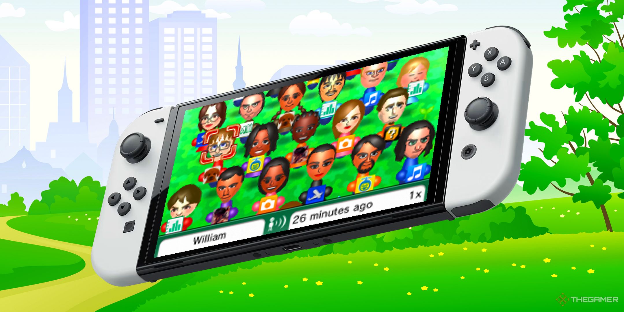 Nintendo Switch OLED with Street Pass on the screen over a cartoon park at a city