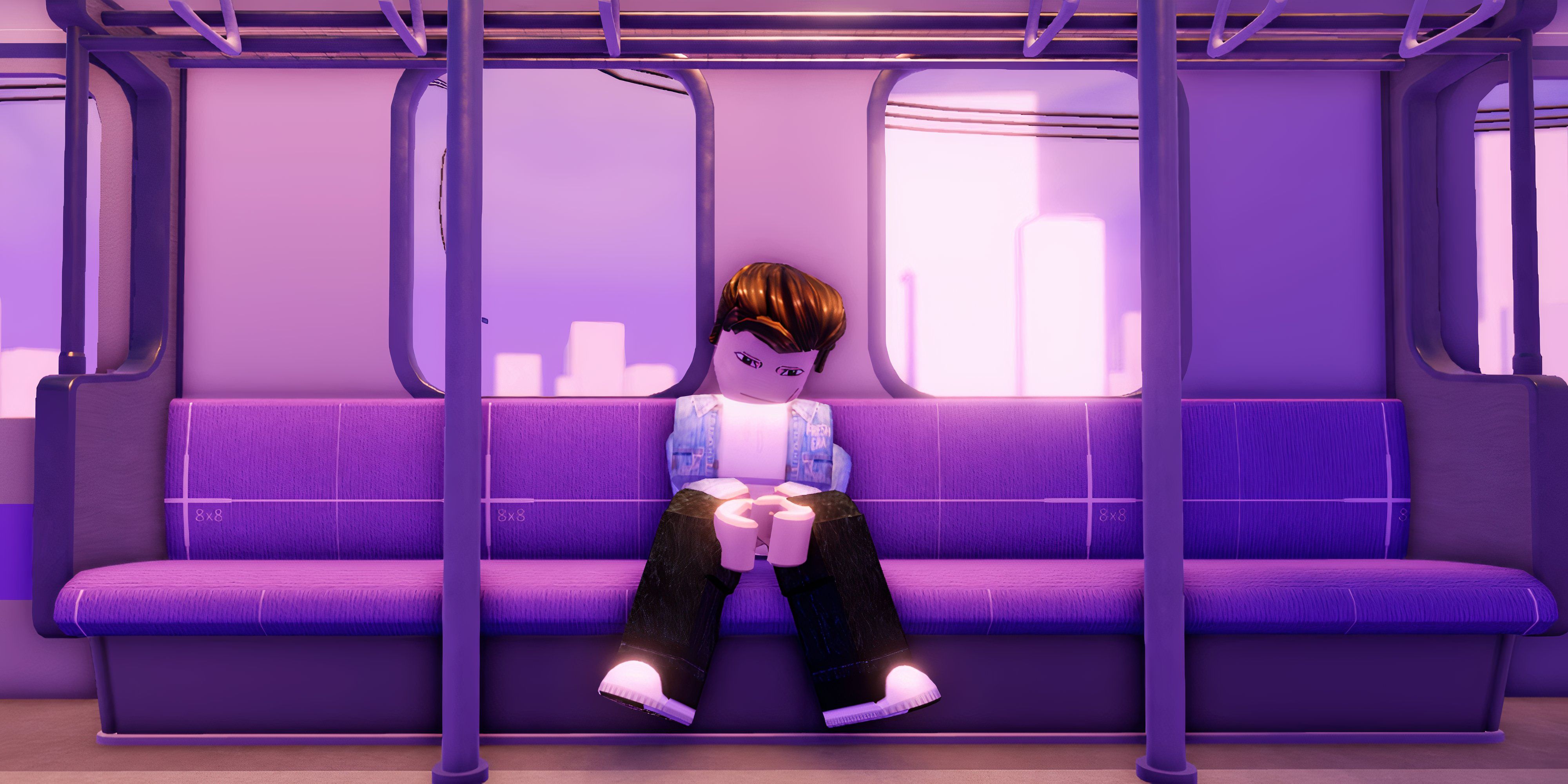 Player sitting on a train looking bored or sad - Roblox Jujutsu Infinite