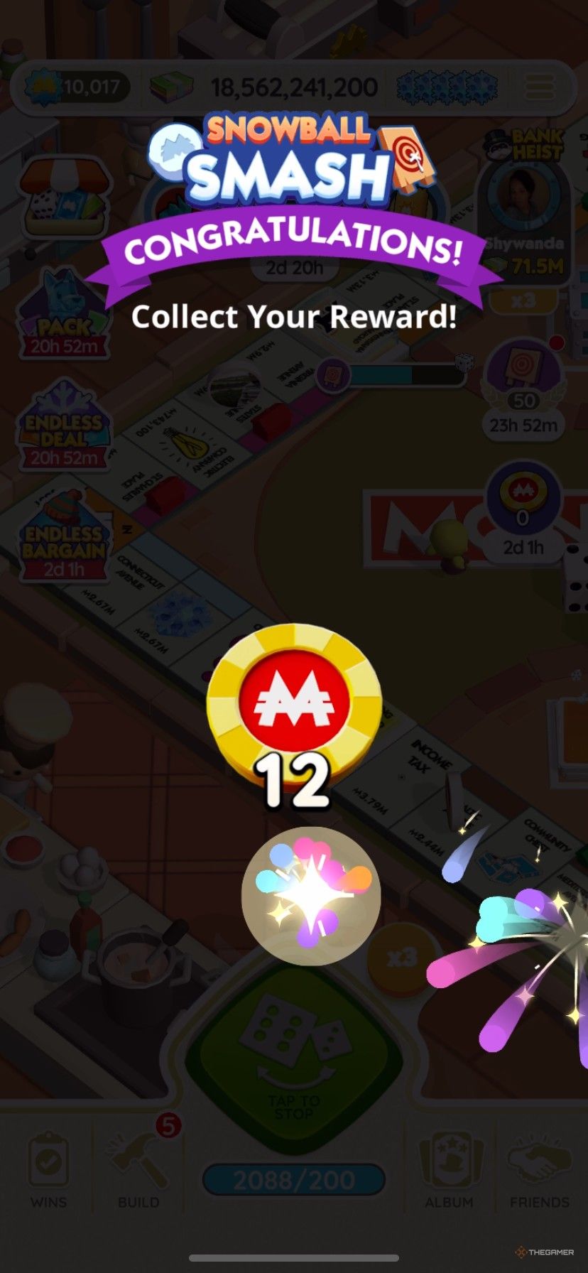 Earning 12 free Peg-E Sticker Drop chips from Snowball Smash in Monopoly Go.