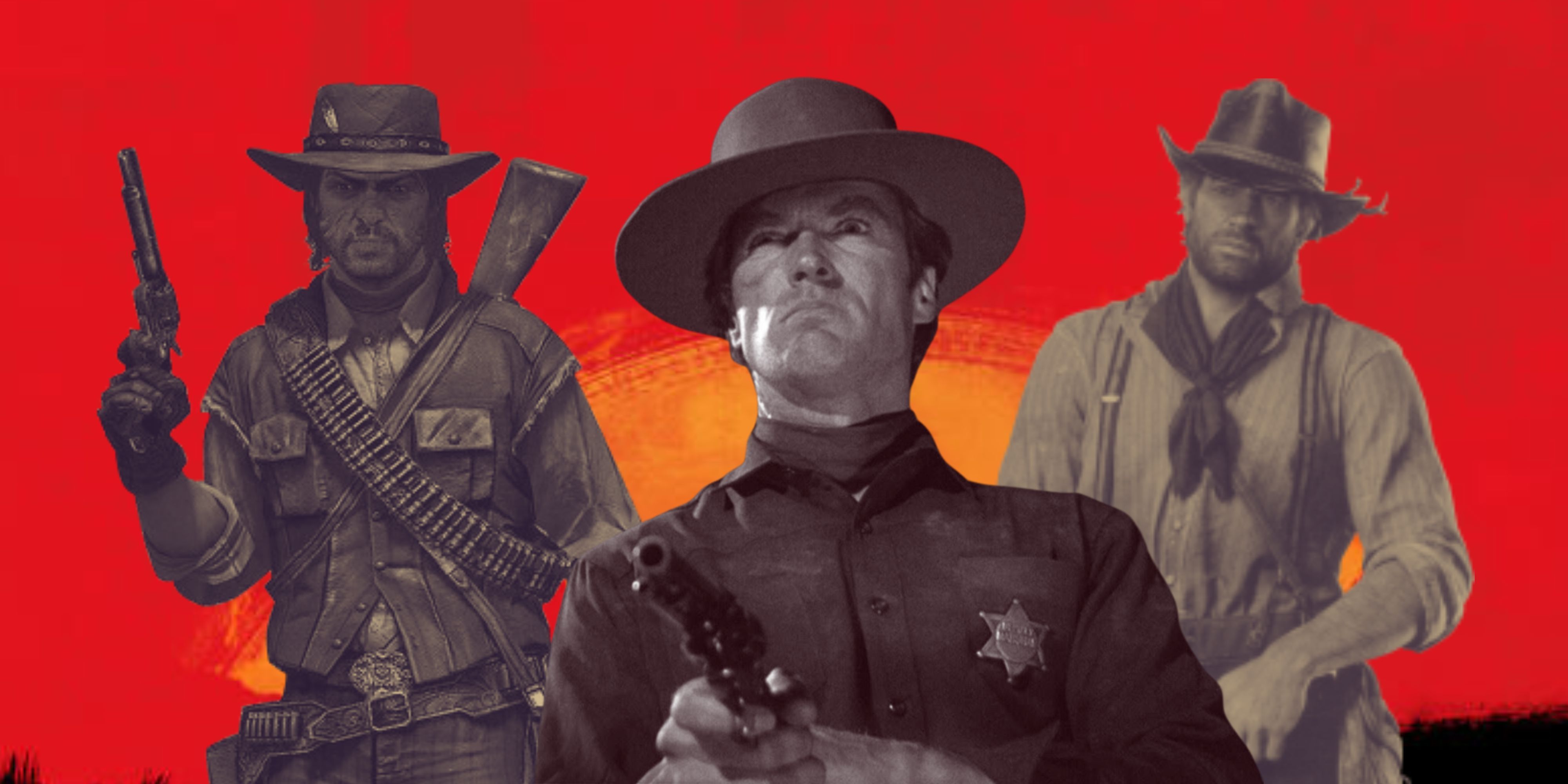 John Marston Arthur Morgan and Clint Eastwood in front of RDR2 sunset