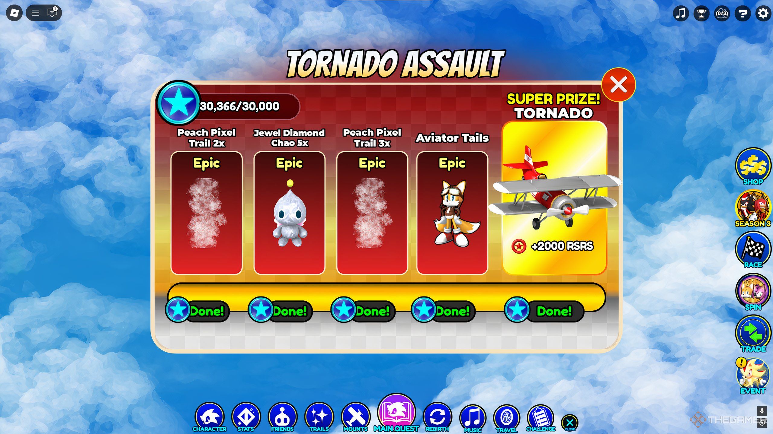 The completed Tornado Assault Event in Roblox: Sonic Speed Simulator.