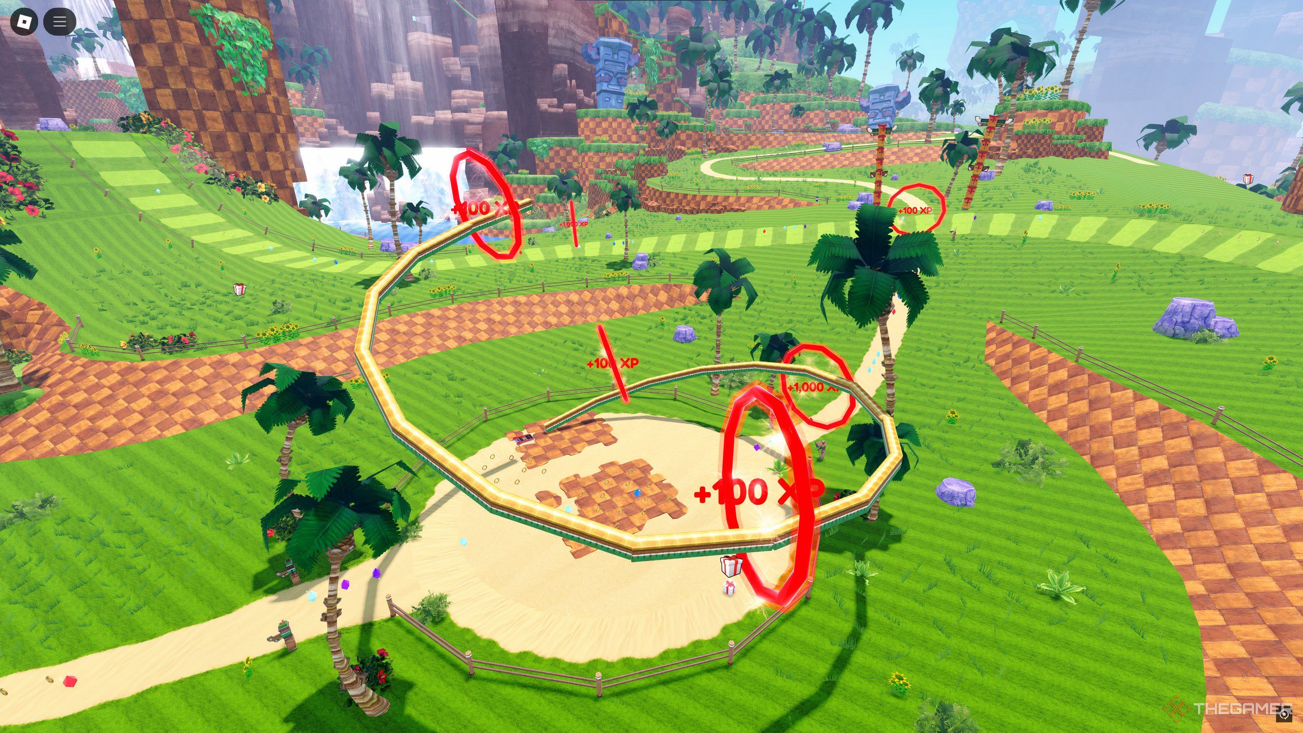 Sky Rings, found on a rail in Green Hill Zone, in Roblox: Sonic Speed Simulator.