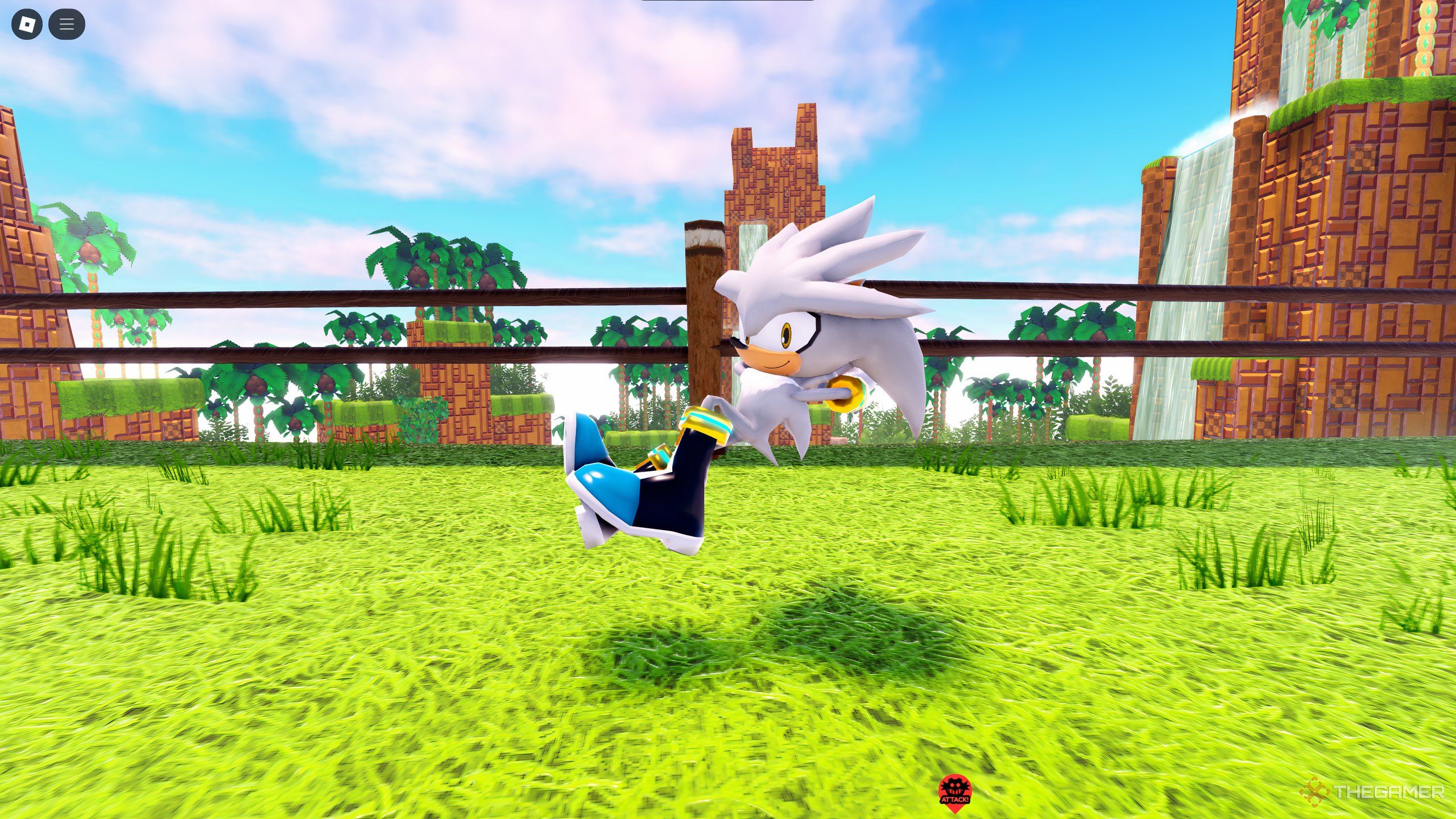 Silver the Hedgehog, doing his iconic pose in Roblox: Sonic Speed Simulator.