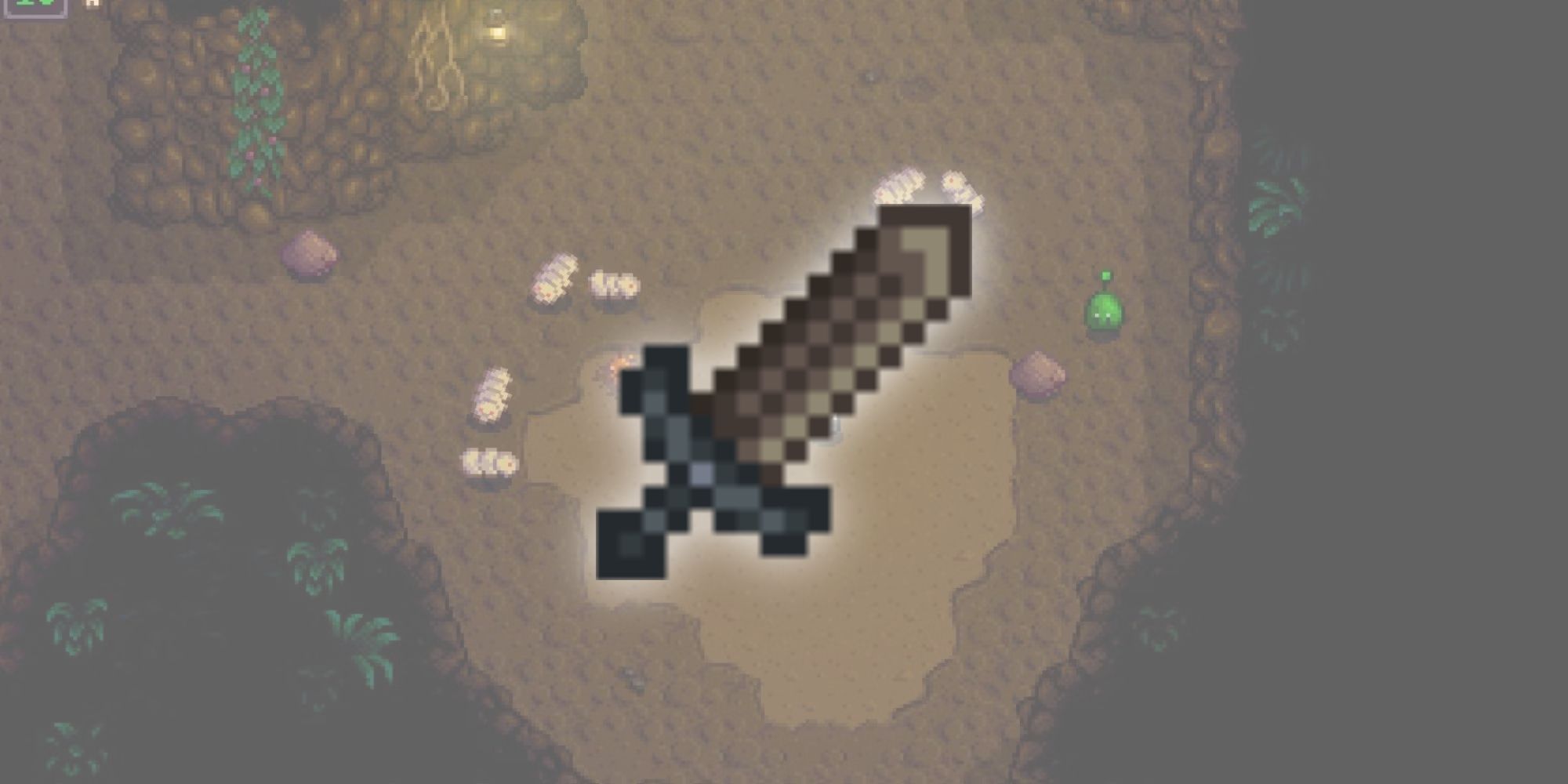 The Tempered Broadsword overlaid on top of a level of the mines for the list of best weapons in Stardew Valley.