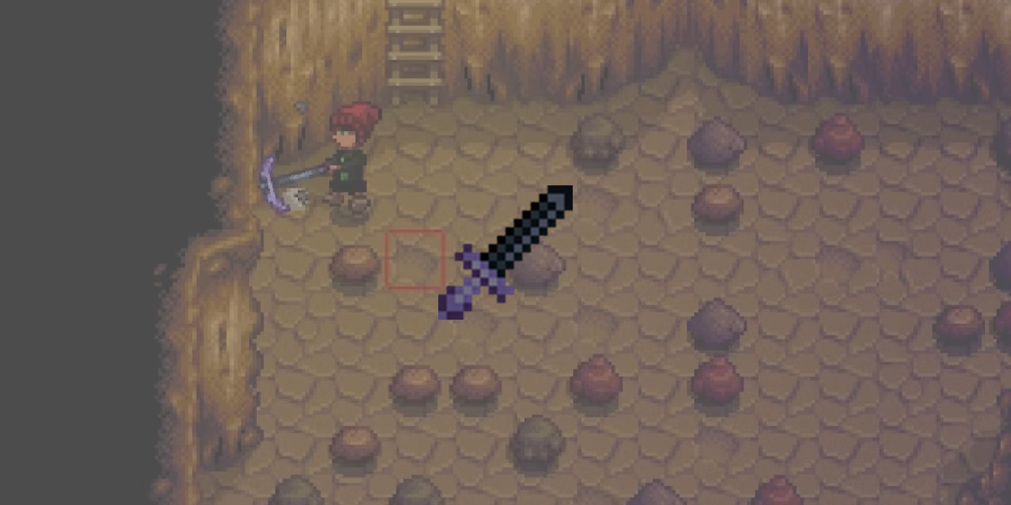 The Obsidian Edge sword overlaid on top of a level of the mines for the list of best weapons in Stardew Valley.