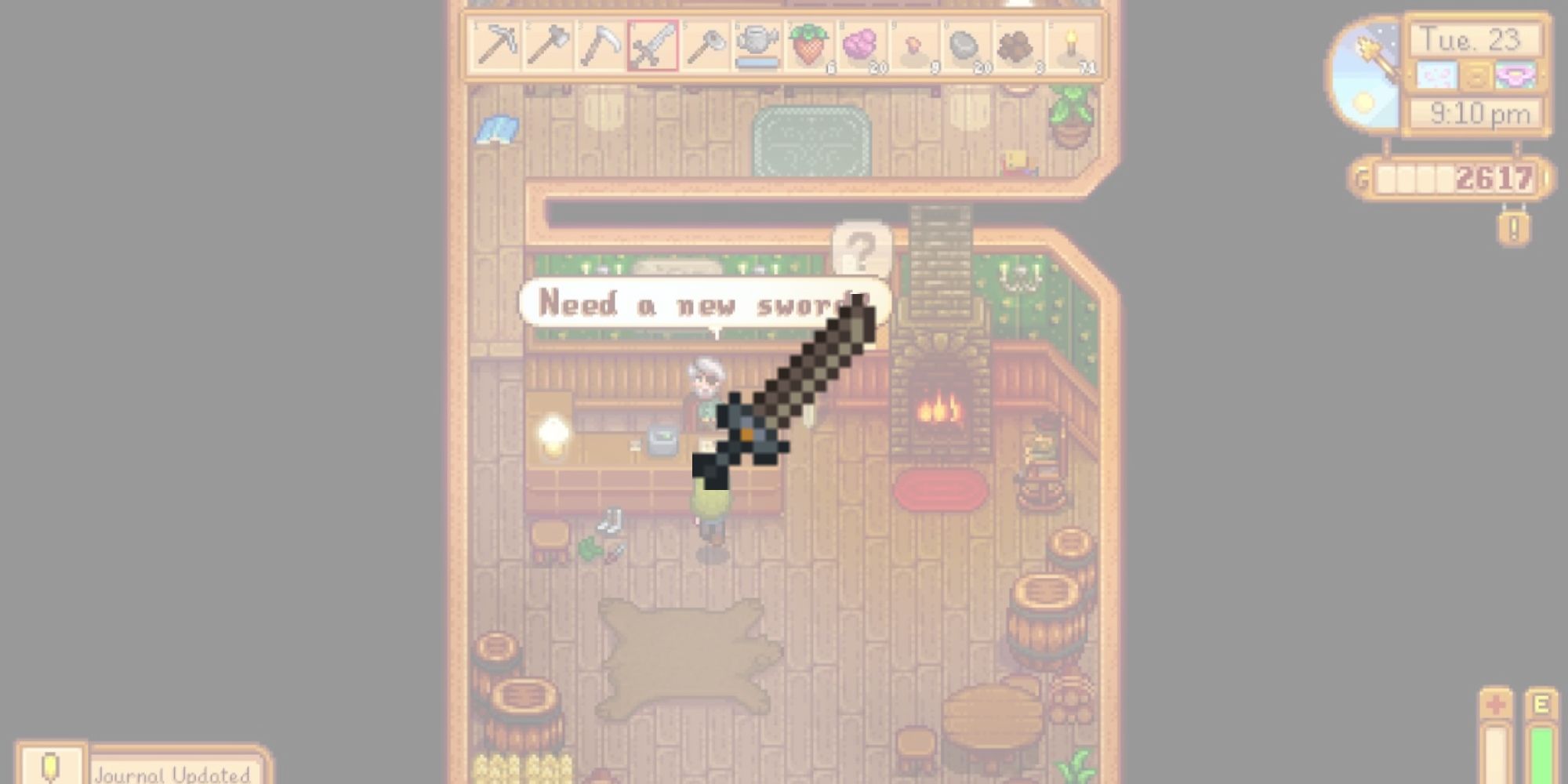 The Steel Falchion sword overlaid on top the Adventurer's Guild interior for the list of best weapons in Stardew Valley.