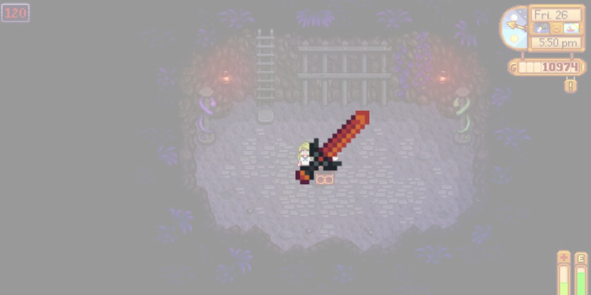 The Lava Katana sword overlaid on top of a level of the mines for the list of best weapons in Stardew Valley.