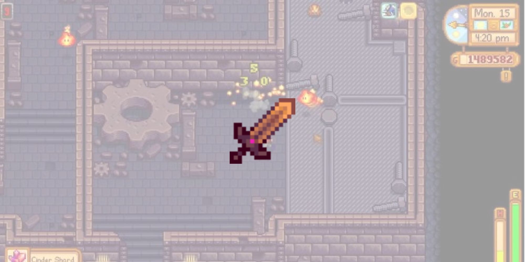 The Dwarf Sword overlaid on top of a level of the Volcano Dungeon for the list of best weapons in Stardew Valley.