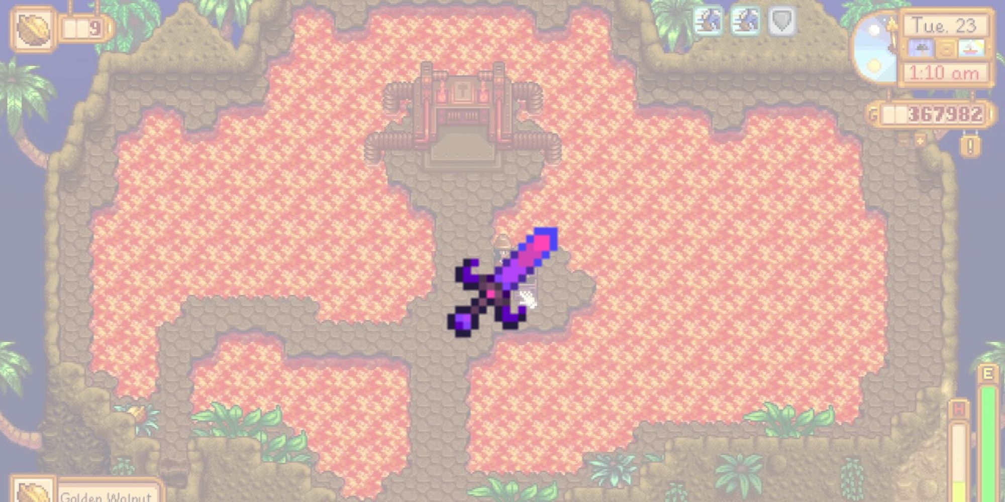 The Infinity Dagger overlaid on top of a level of the Volcano Forge for the list of best weapons in Stardew Valley.