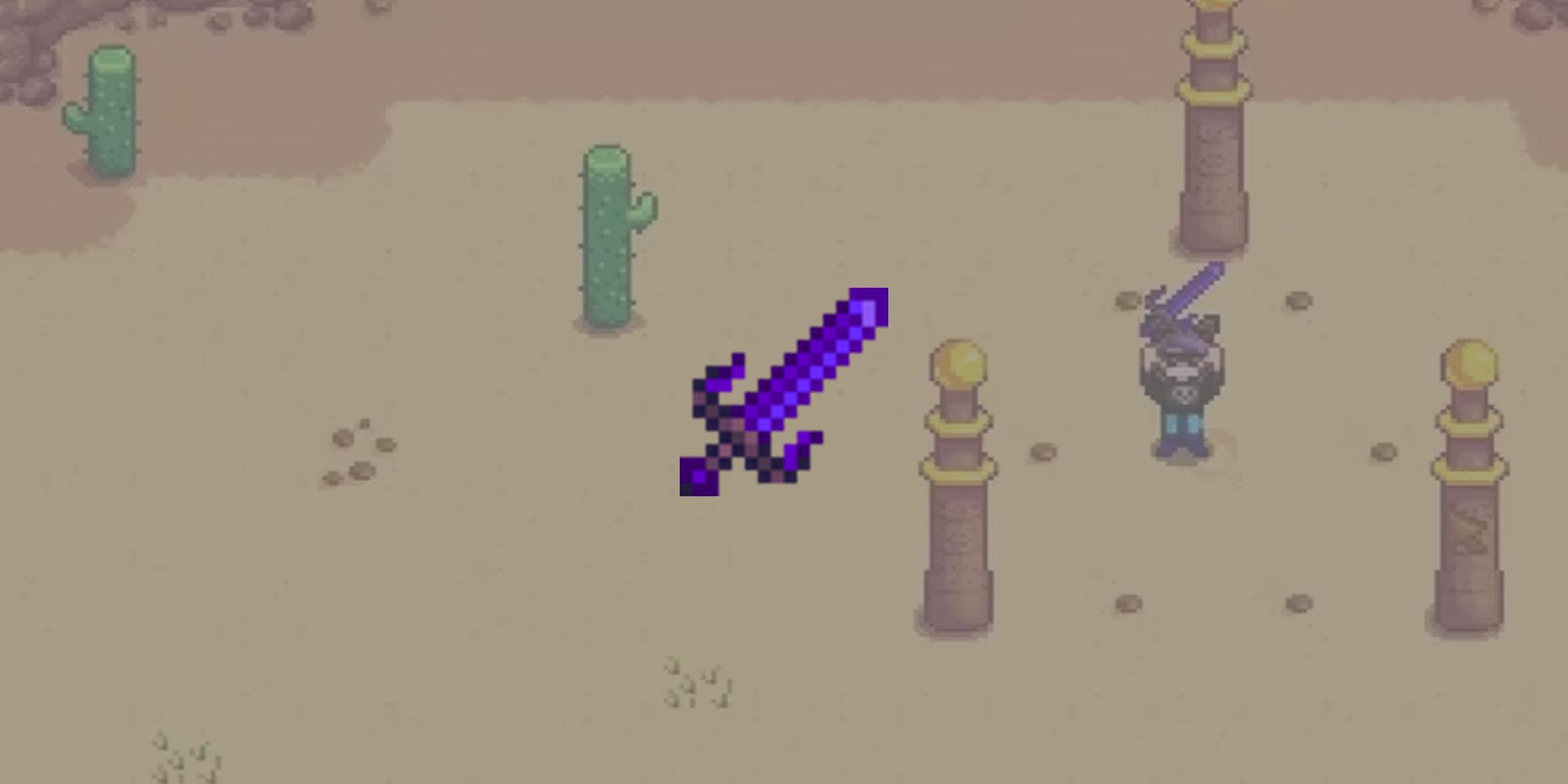 The Galaxy Sword overlaid on top of an image of the Calico Desert pillars for the list of best weapons in Stardew Valley.