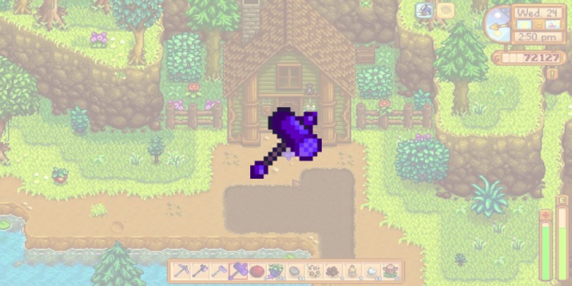 The Galaxy Hammer overlaid on an image of a section of Ginger Island for the list of best weapons in Stardew Valley.