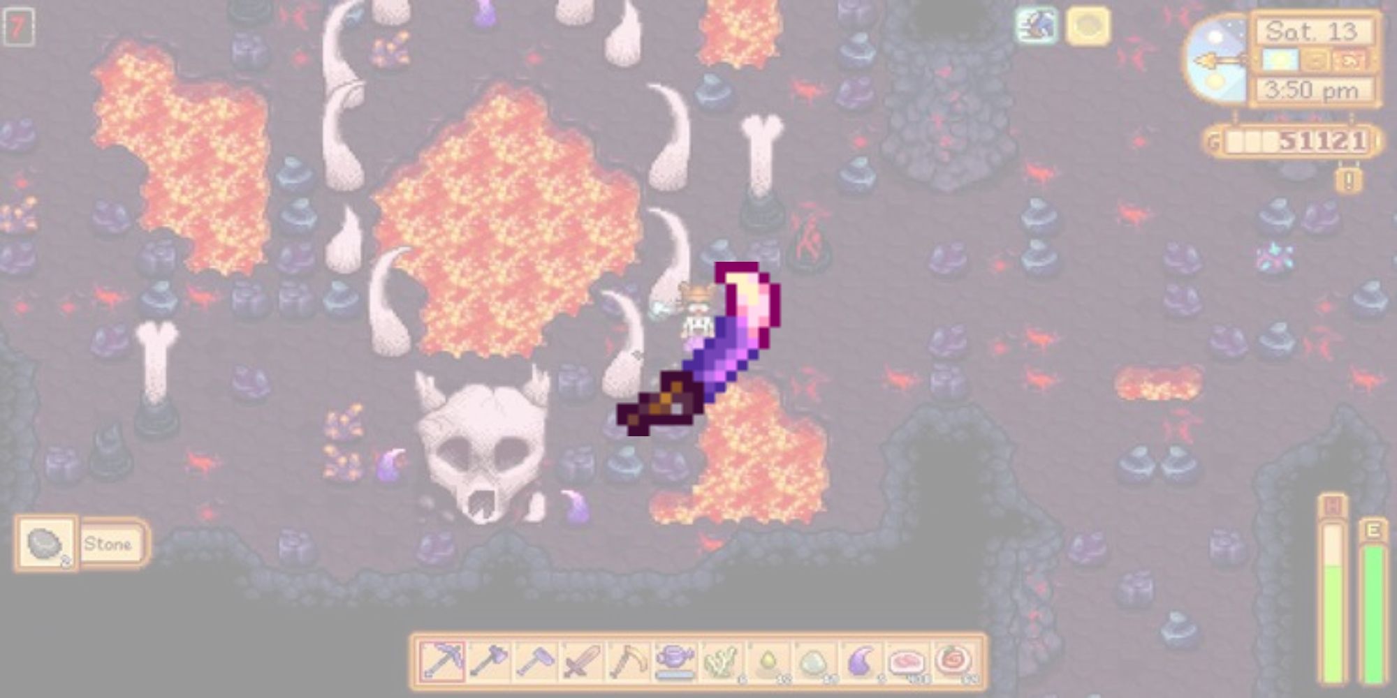 The Dragontooth Cutlas overlaid on top of a level of the Volcano Dungeon for the list of best weapons in Stardew Valley.