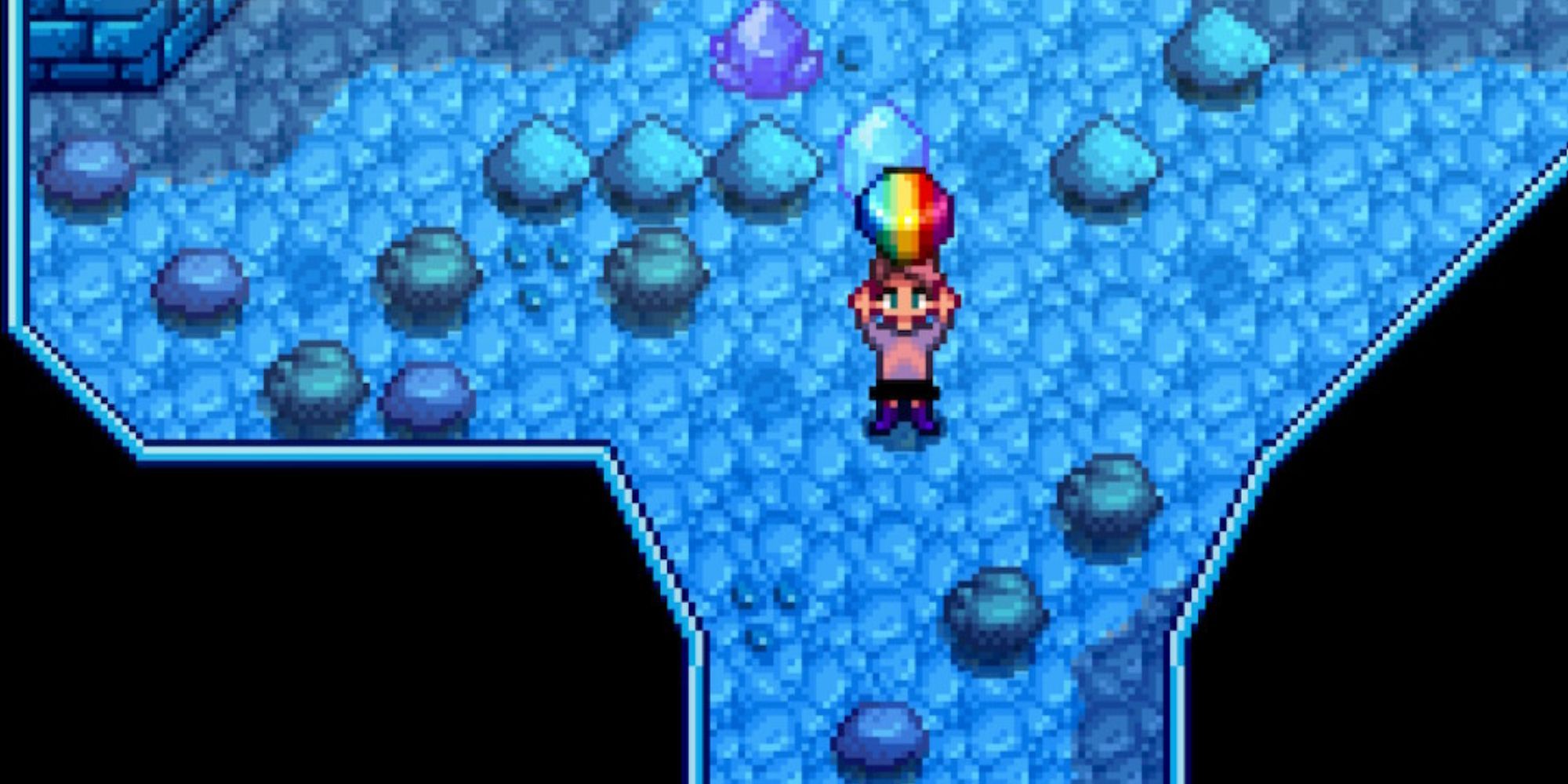 Stardew Valley character holding a Prismatic Shard in the mines