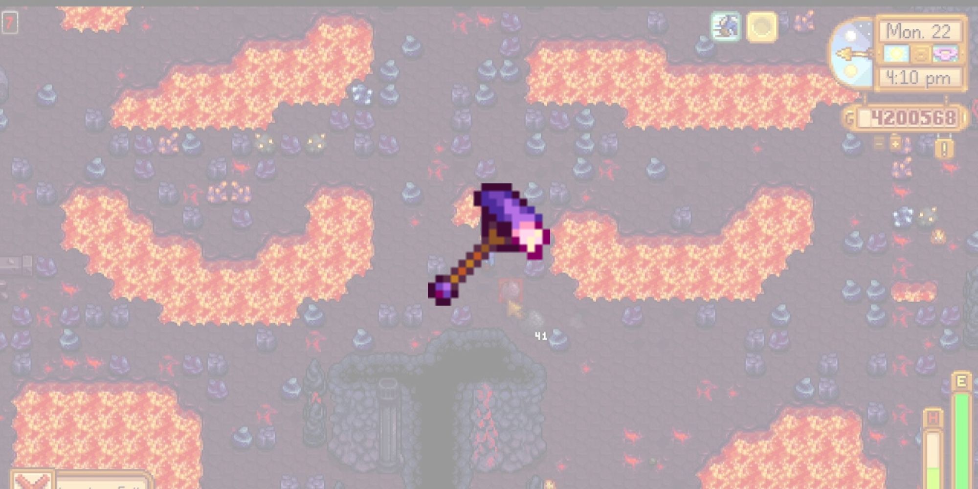 The Dragontooth Club overlaid on top of a level of the Volcano Dungeon for the list of best weapons in Stardew Valley.