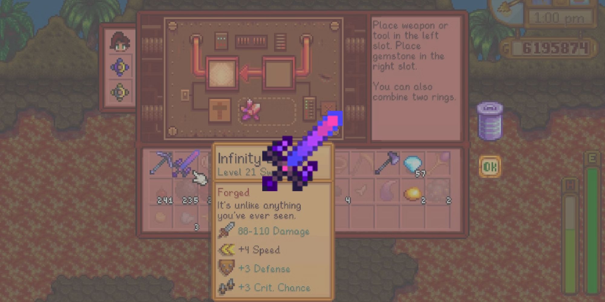 The Infinity Blade overlaid on top of the Volcano Forge crafting menu for the list of best weapons in Stardew Valley.