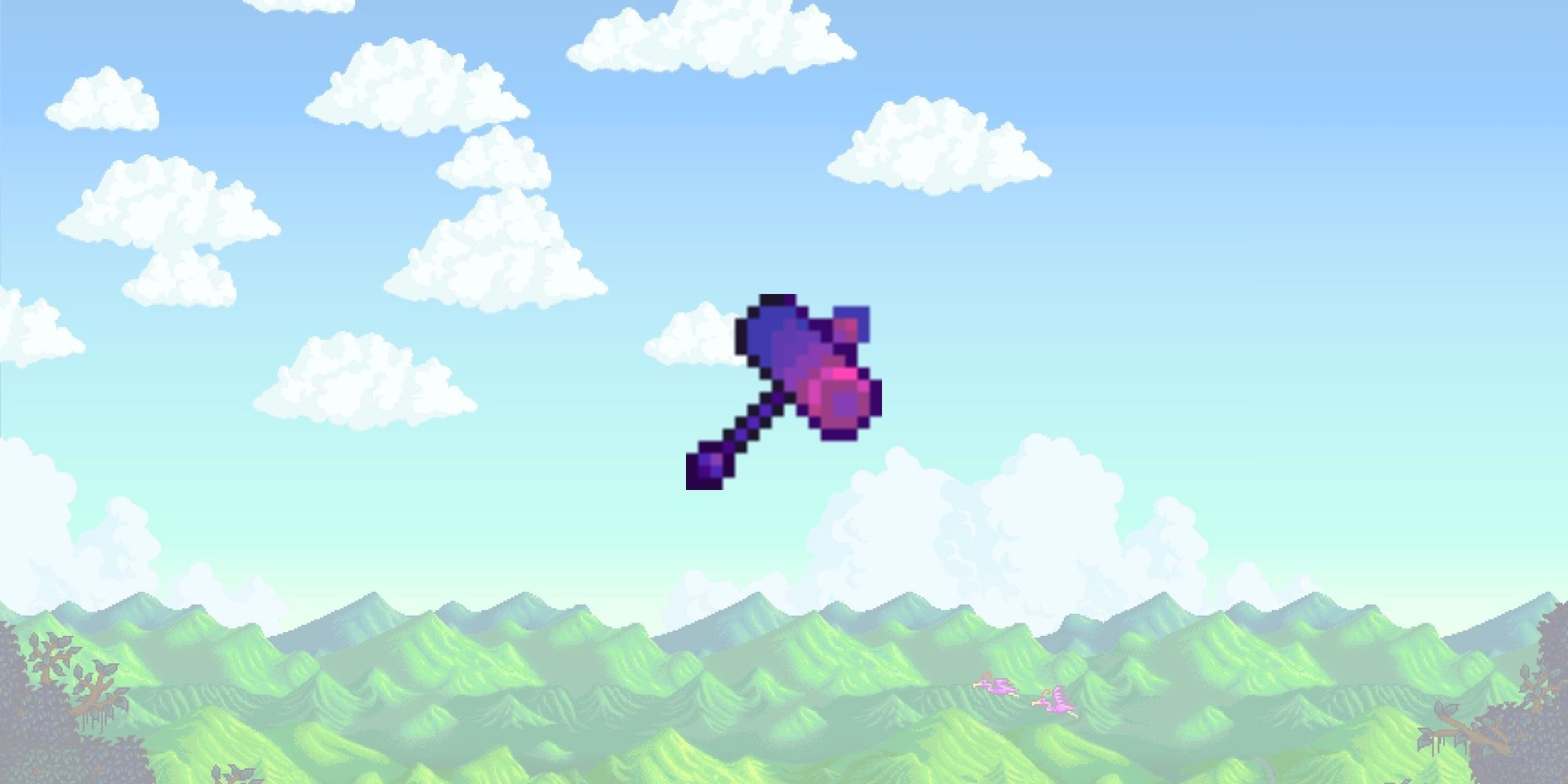 An Infinity Gavel overlaid on top of an image from the title screen for the list of best weapons in Stardew Valley.