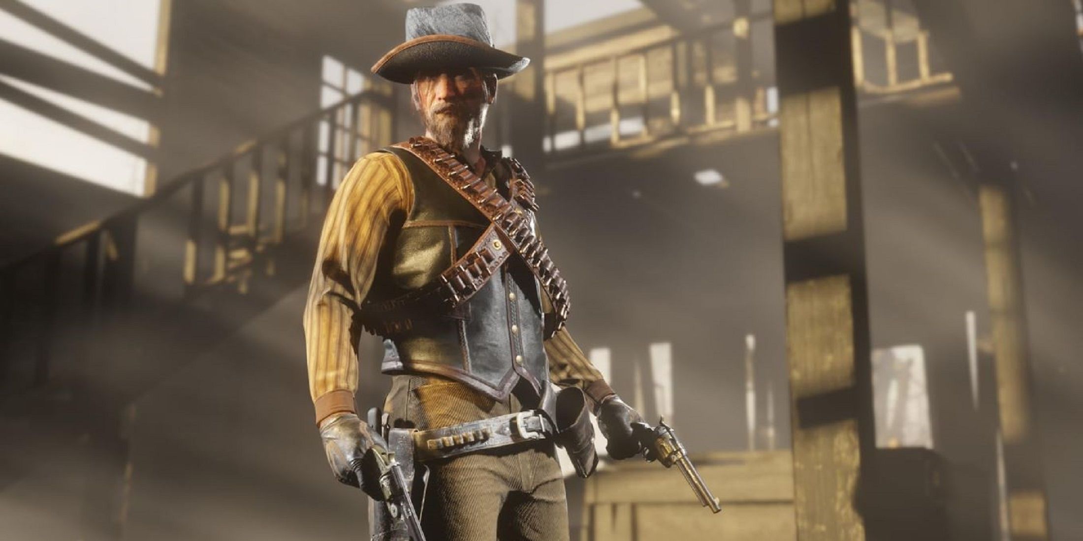 A rugged gunslinger standing inside a rustic saloon in Red Dead Online 