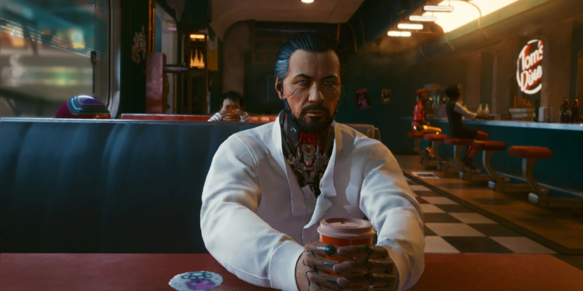 takemura having a coffee in cyberpunk 2077