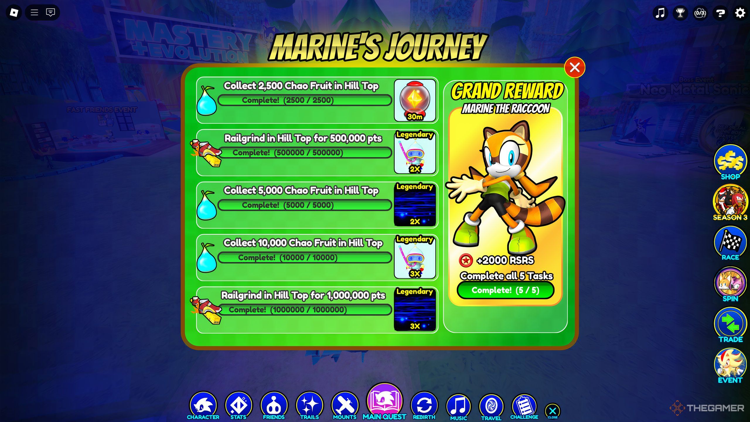 The tasks for the Marnie's Journey Event in Roblox: Sonic Speed Simulator.