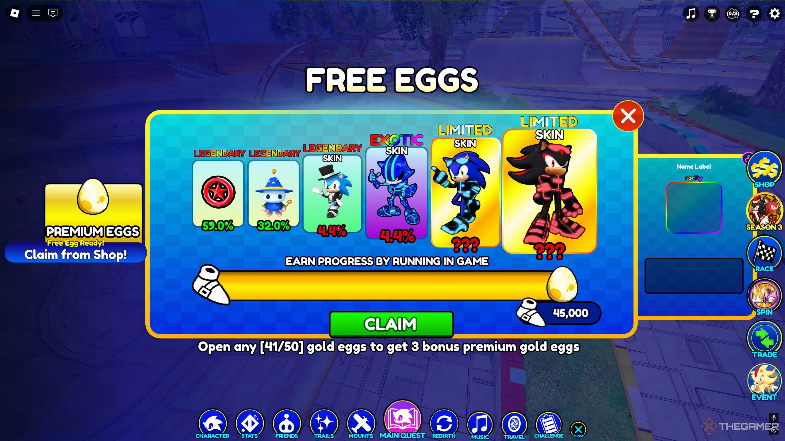 The Golden Eggs menu, where a free Golden Egg is ready to be claimed in Roblox: Sonic Speed Simulator.