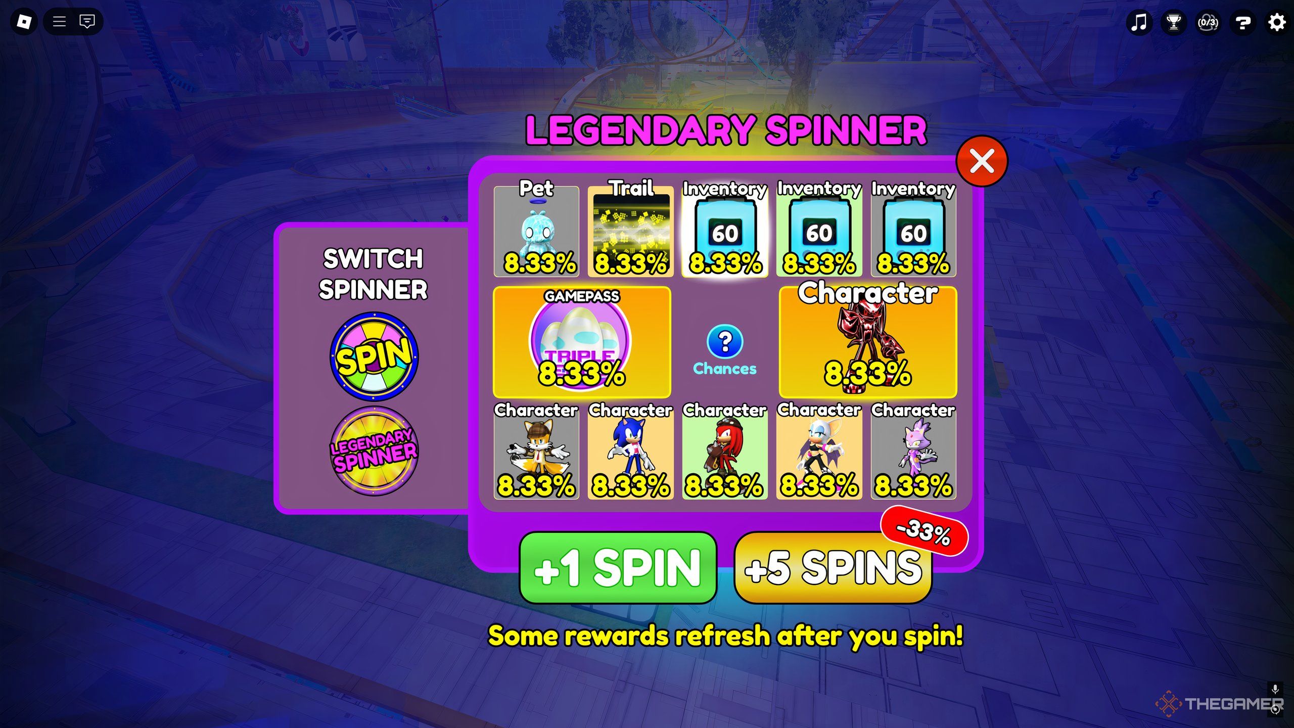 The Legendary Spinner, where amazing rewards can be claimed every 50 regular spins, in Roblox: Sonic Speed Simulator.