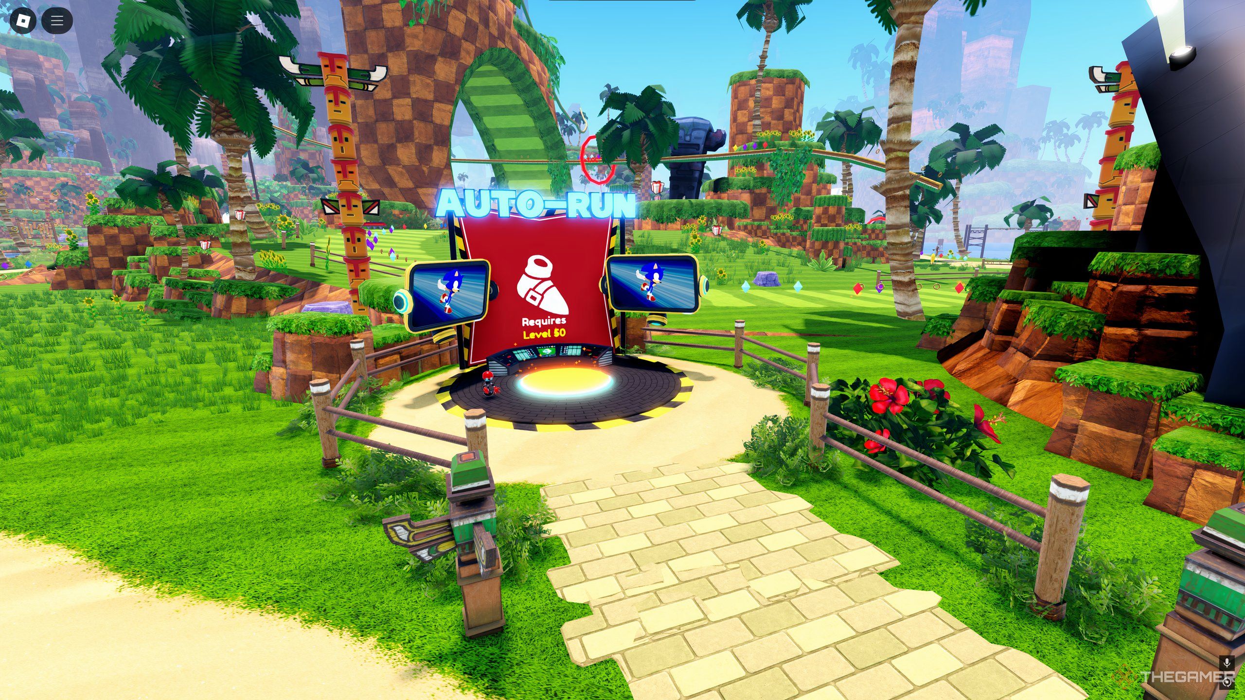 The Auto-run podium in Green Hill Zone, in Roblox: Sonic Speed Simulator.