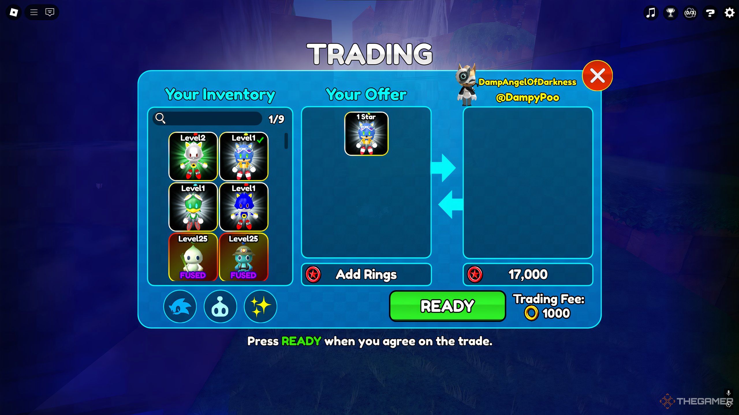 The Trading menu, where a Toy Robot Summer Sonic is being sold for RSR in Roblox: Sonic Speed Simulator.