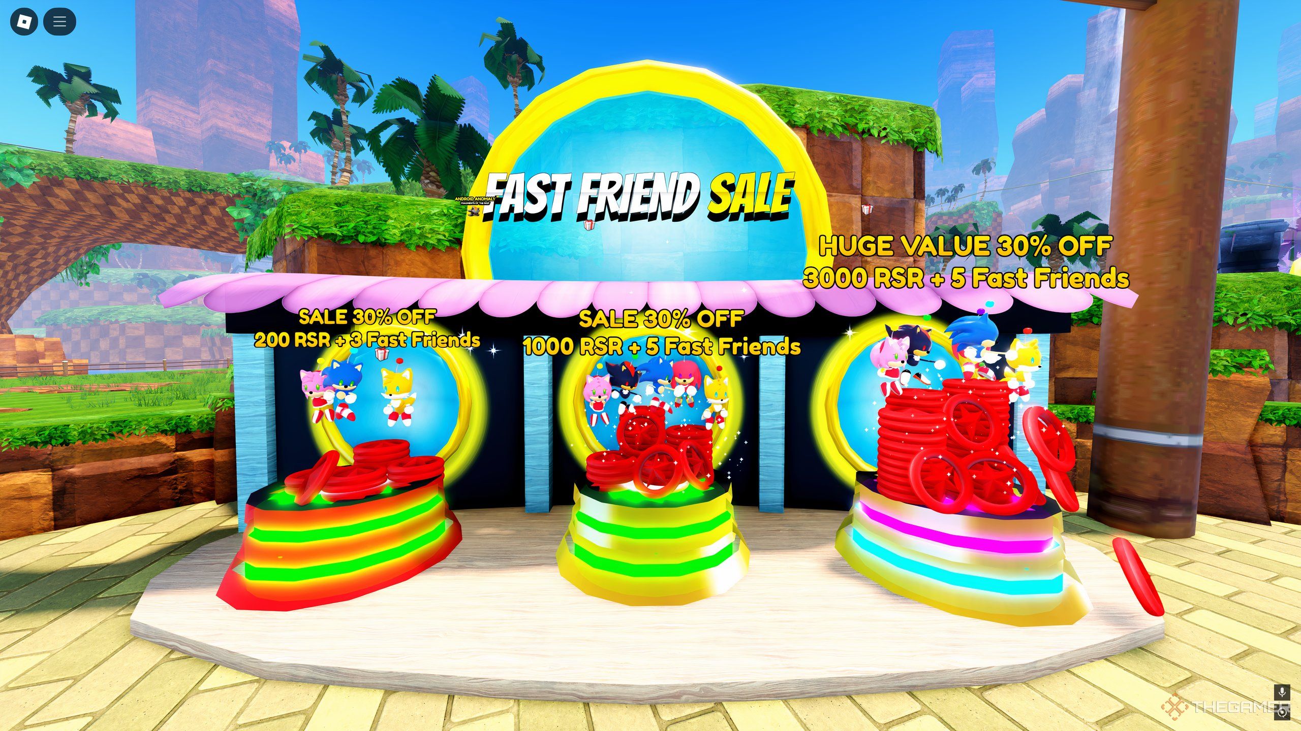 Purchasing RSR via the Fast Friend Sale podiums in Roblox: Sonic Speed Simulator.