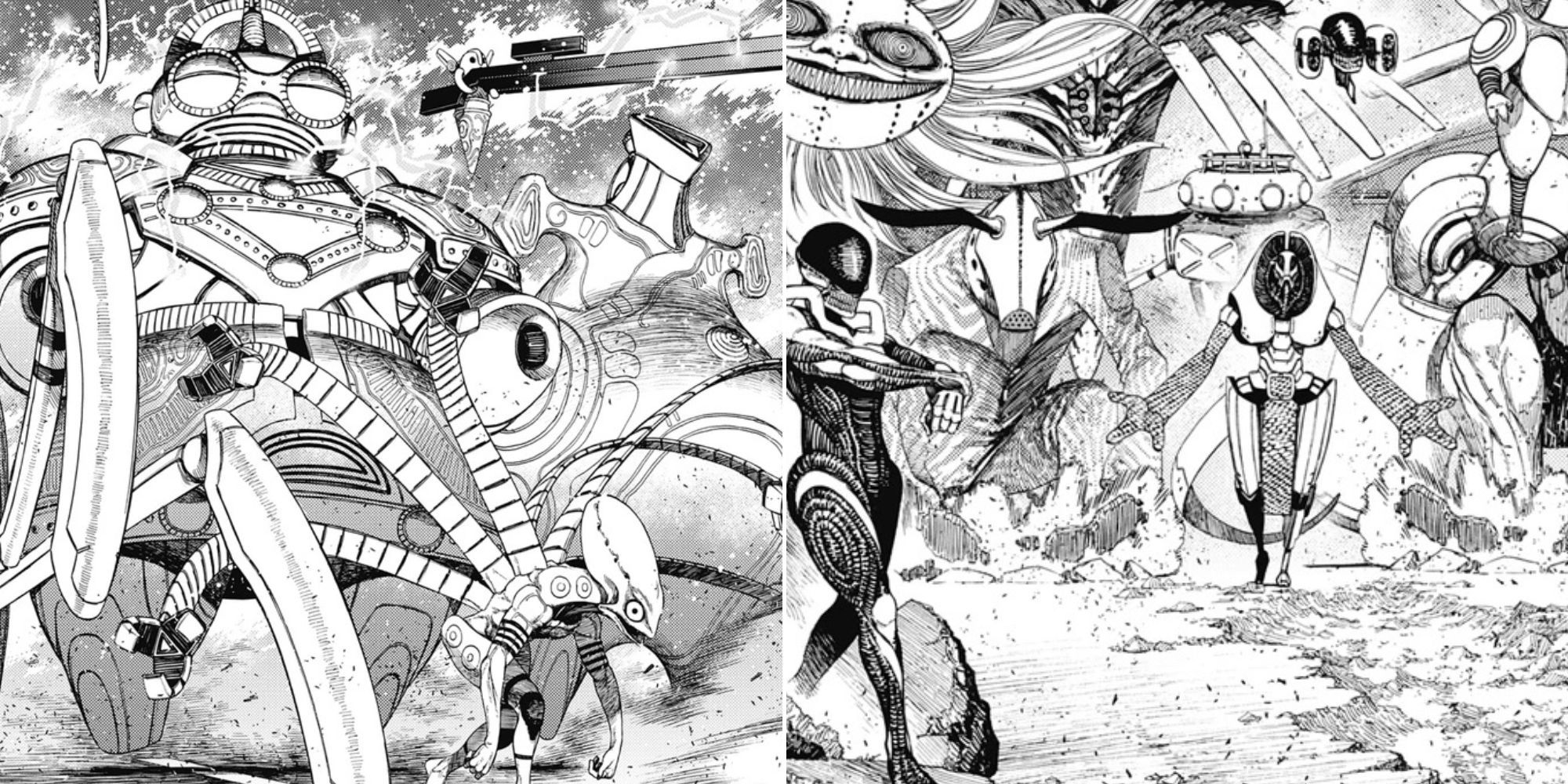 A collage of 2 big cover spreads in Dandadan that feature almost every Kur Exosuit introduced in the series.