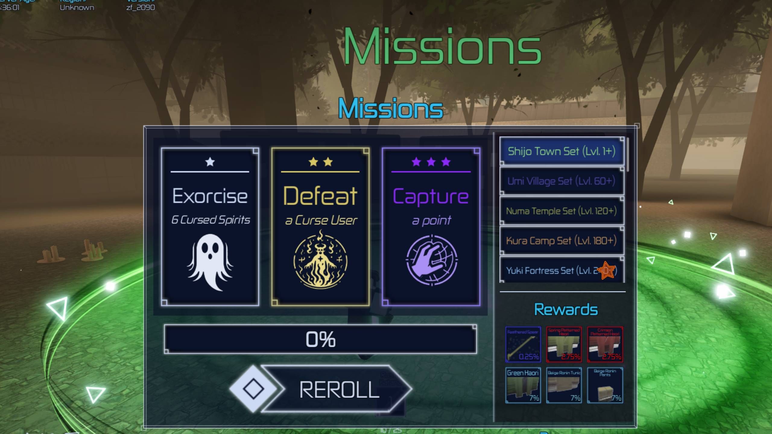 The mission menu showing the areas in the game - roblox