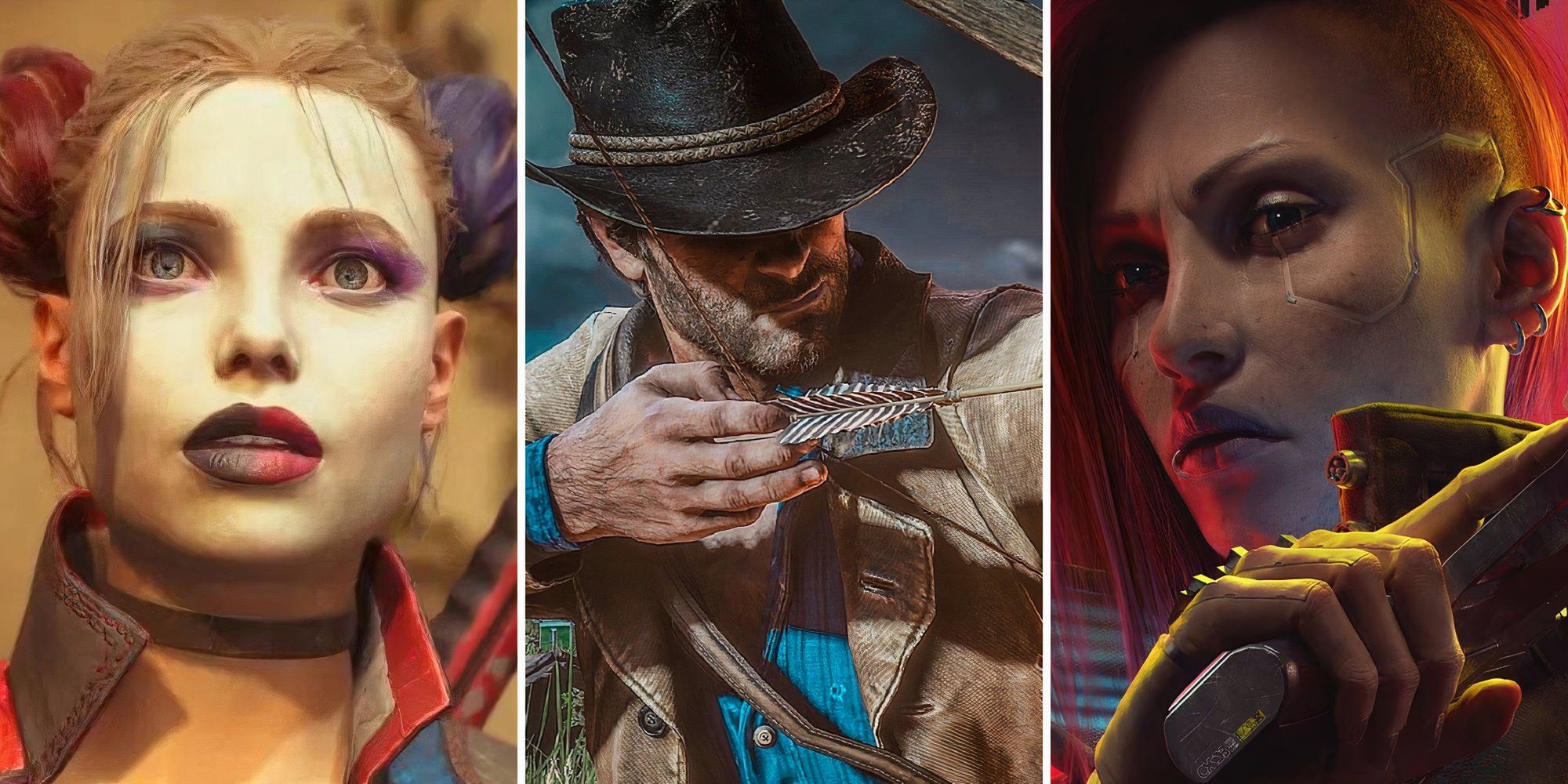 A grid showing the anti-heroes from the games Suicide Squad: Kill the Justice League, Red Dead Redemption 2, and Cyberpunk 2077