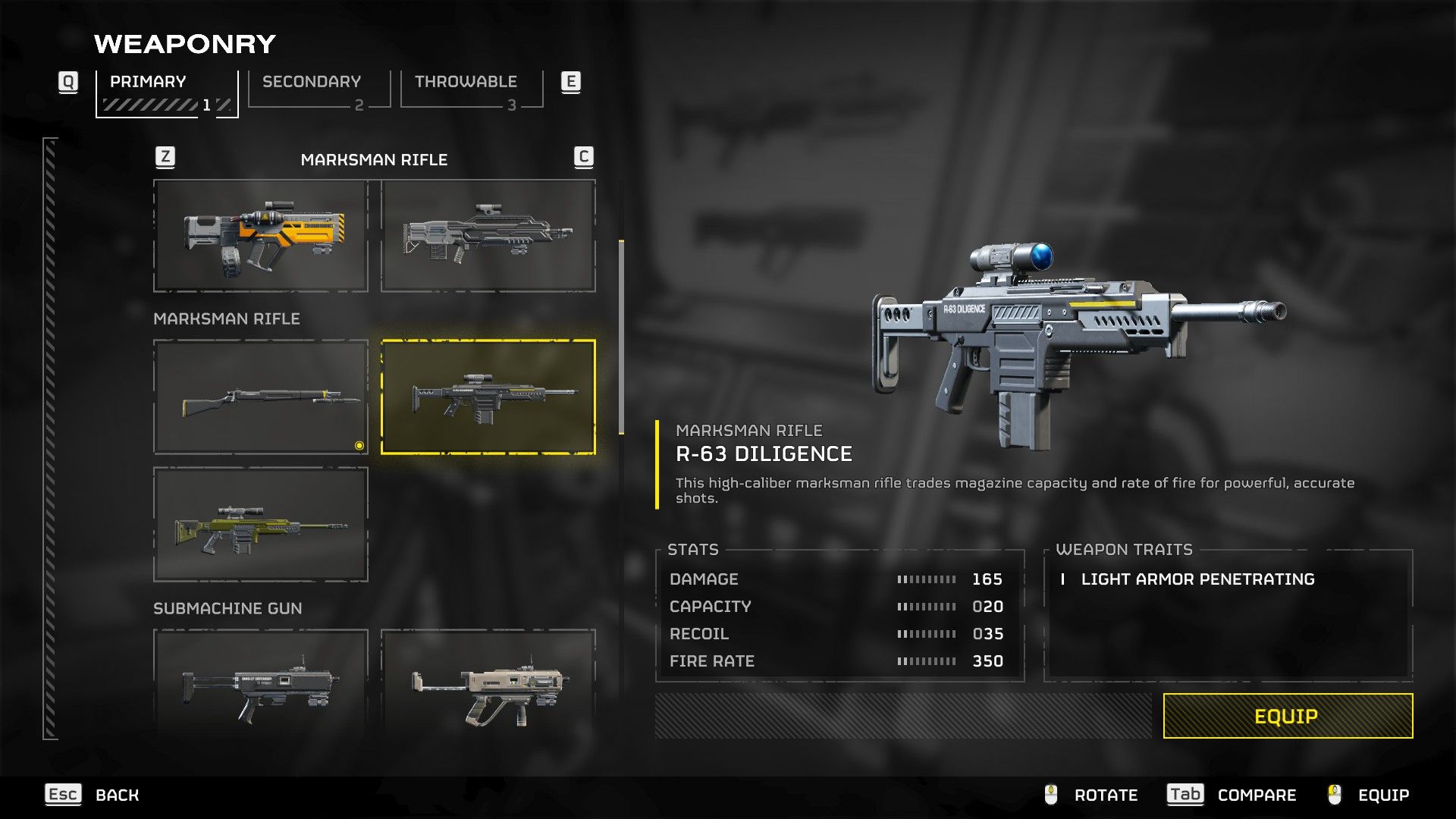 Helldivers 2 R-63 Diligence Armory Screen with Stats.