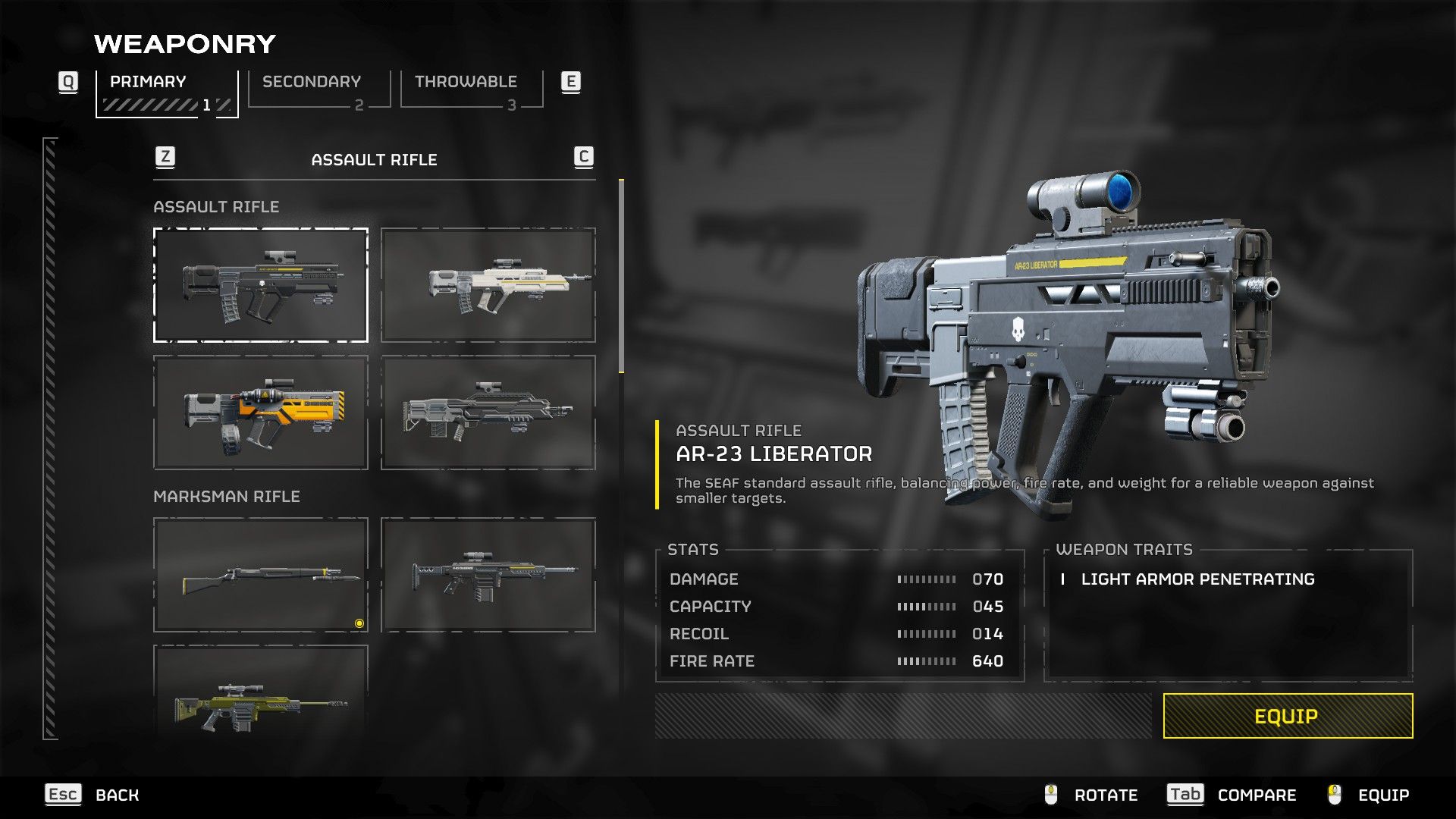 Helldivers 2 AR-23C Liberator Armory Screen with Stats.