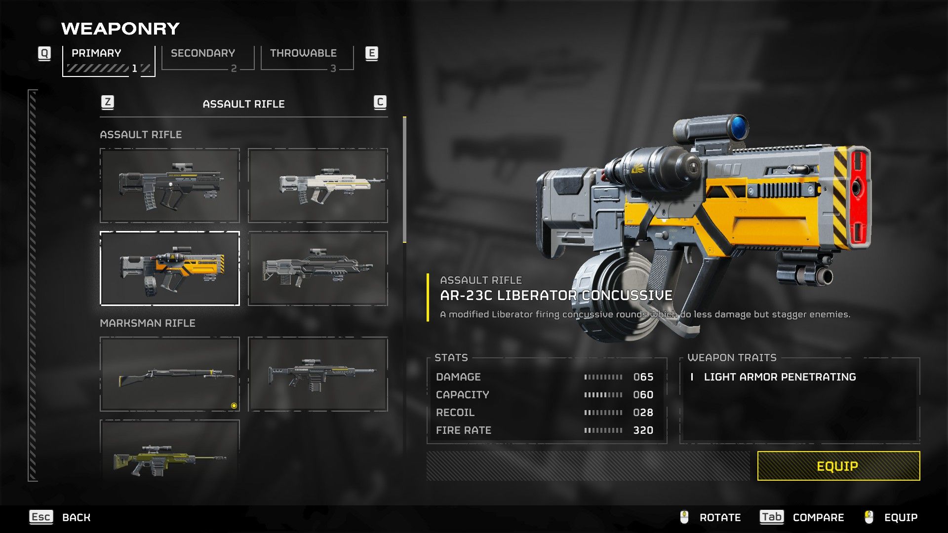 Helldivers 2 AR-23C Armory Screen with Stats.