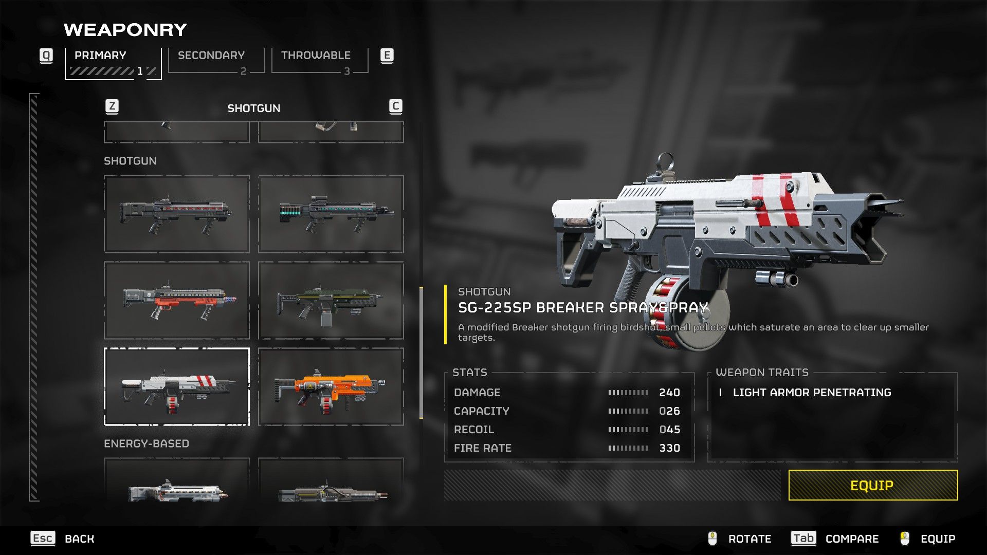 Helldivers 2 Breaker S&P Armory Screen with Stats.