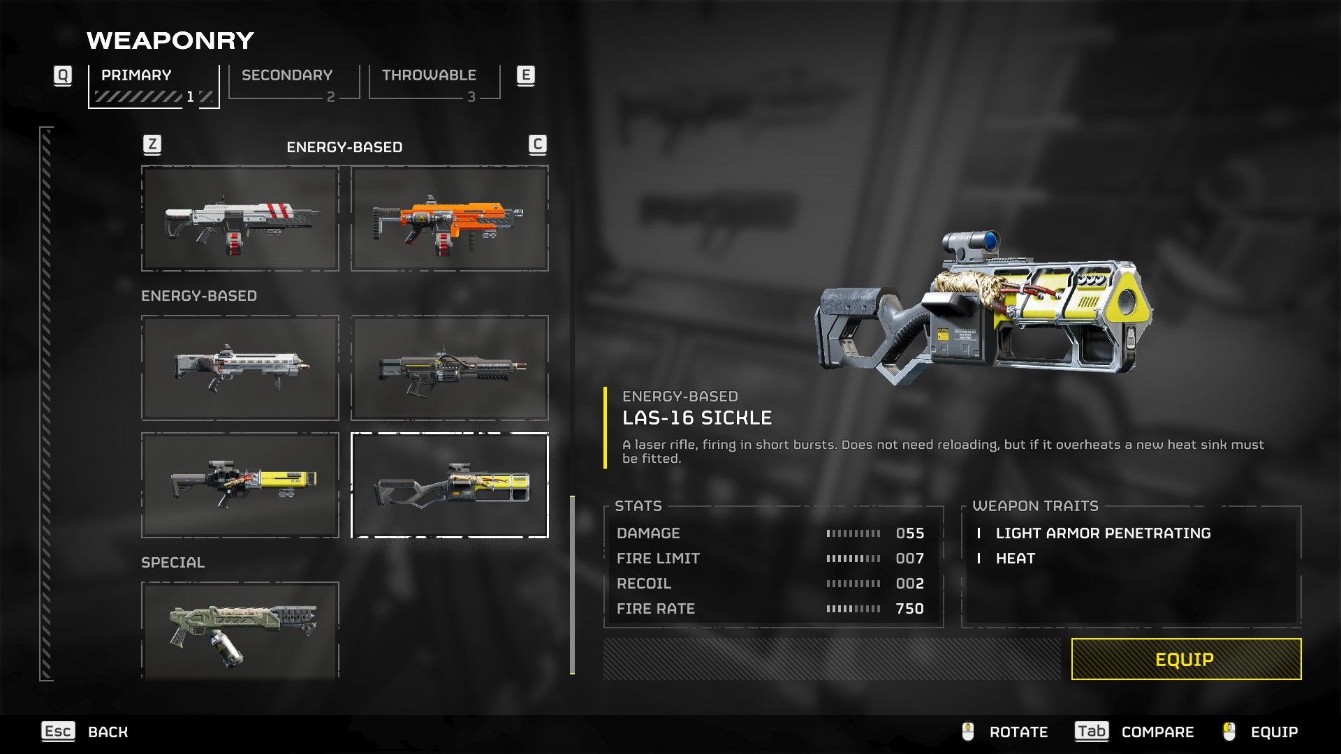 Helldivers 2 Las-16 Sickle Armory Screen with Stats.