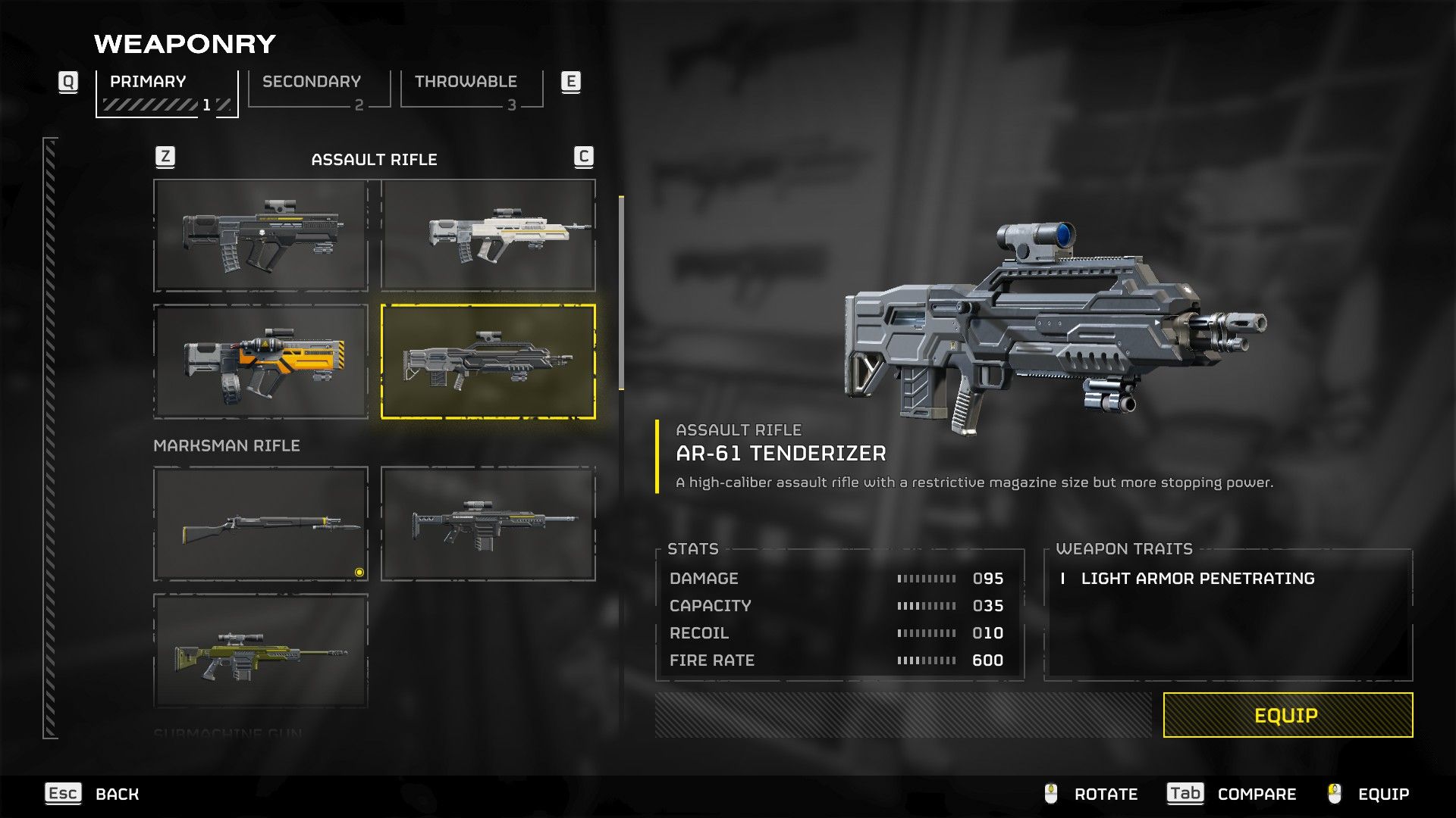 Helldivers 2 Tenderizer Armory Screen with Stats.