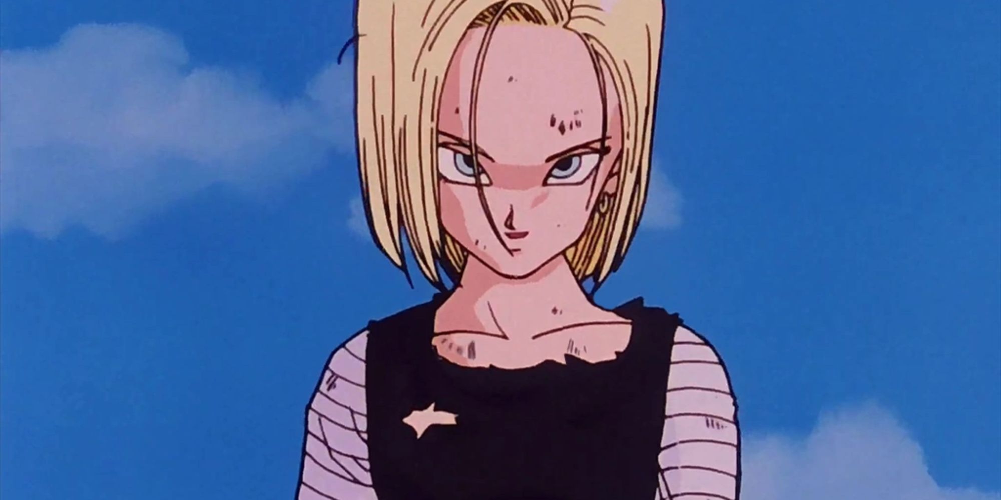 A dishevelled-looking Android 18 in Dragon Ball Z.