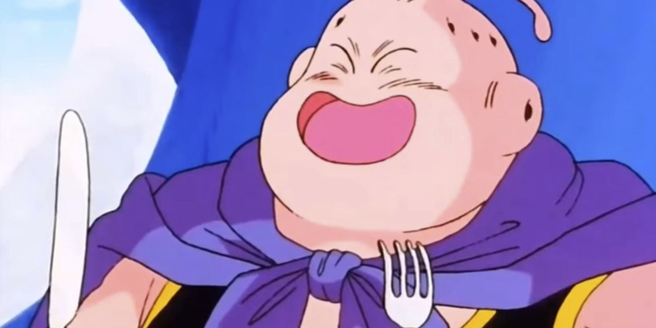 Majin Buu hapilly holding a fork and knife from Dragon Ball Z.