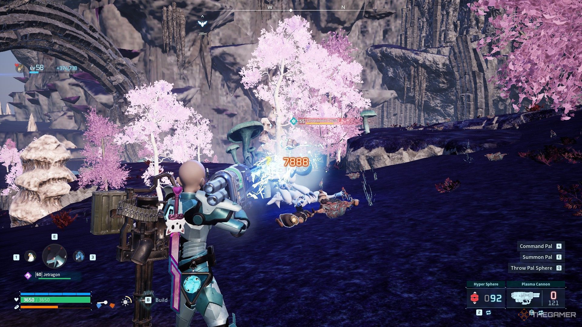 The image shows the player attacking a Pal with the Plasma Cannon in Palworld.