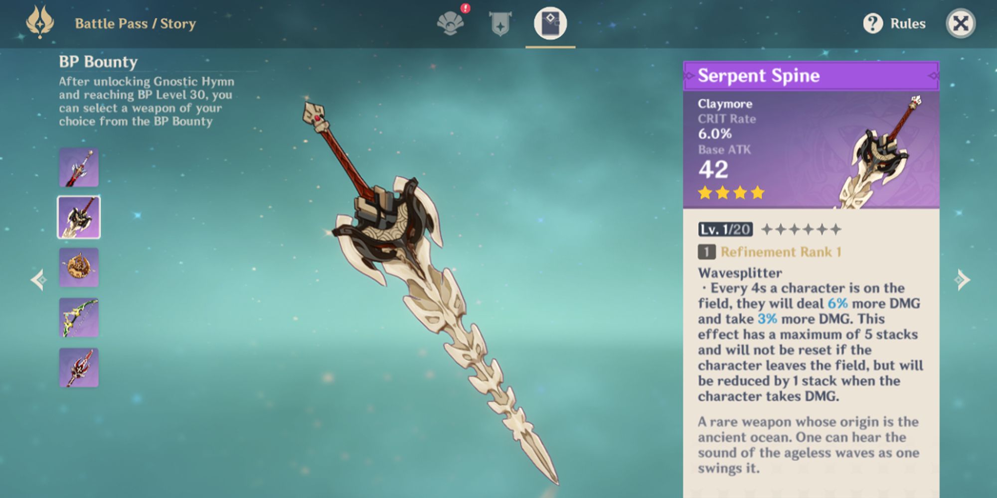 An imager from Genshin Impact fo the The Serpent Spine claymore's stats, which can be obtained via the Battle Pass.