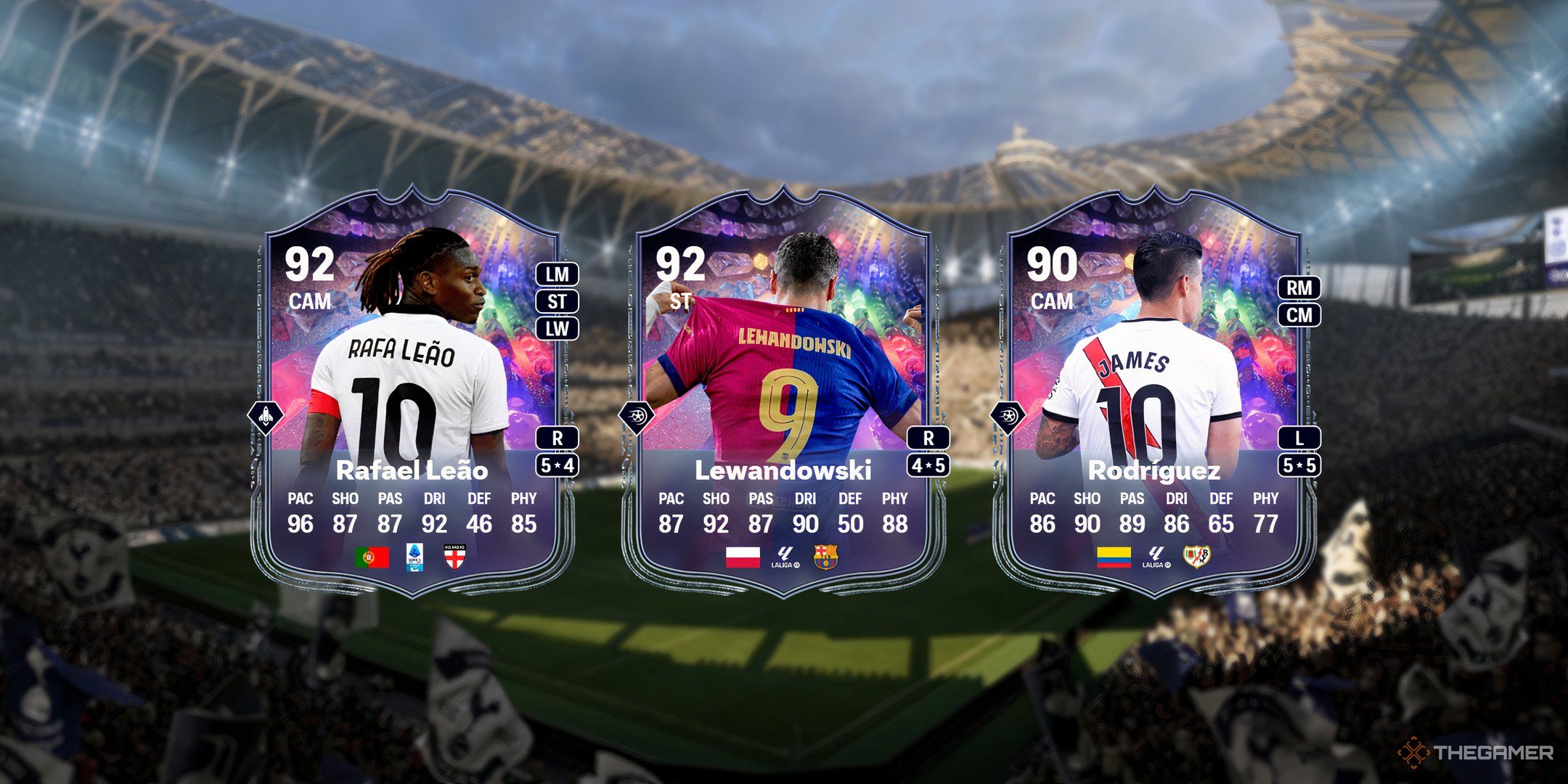 Rafael Leao's, Robert Lewandowski's, and James Rodriguez's cards in EA Sports FC 25.