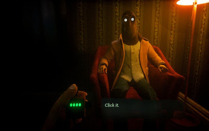 Clickolding official screenshot showing a creepy humanoid in an armchair in dingy, dimly lit room, with you clicking a counter at him.