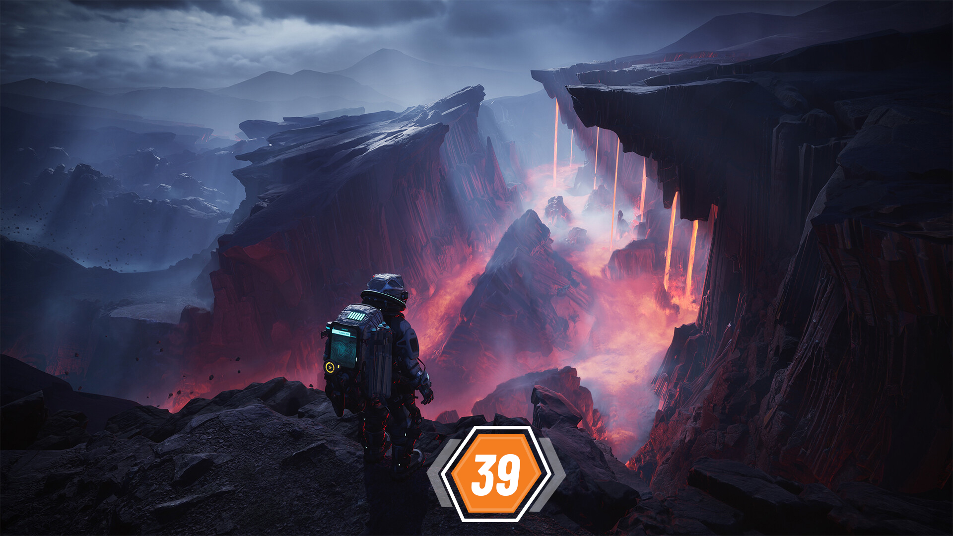 The Alters screenshot showing a character overlooking a lava planet landscape