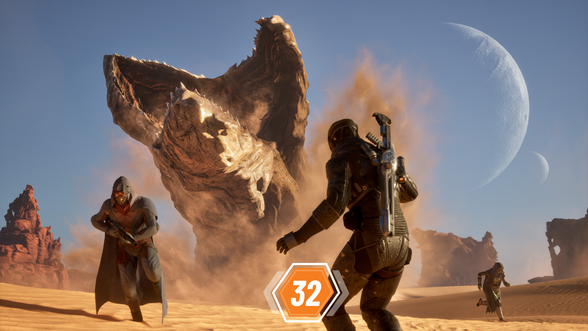 Dune Awakening screenshot showing characters running from a sandworm