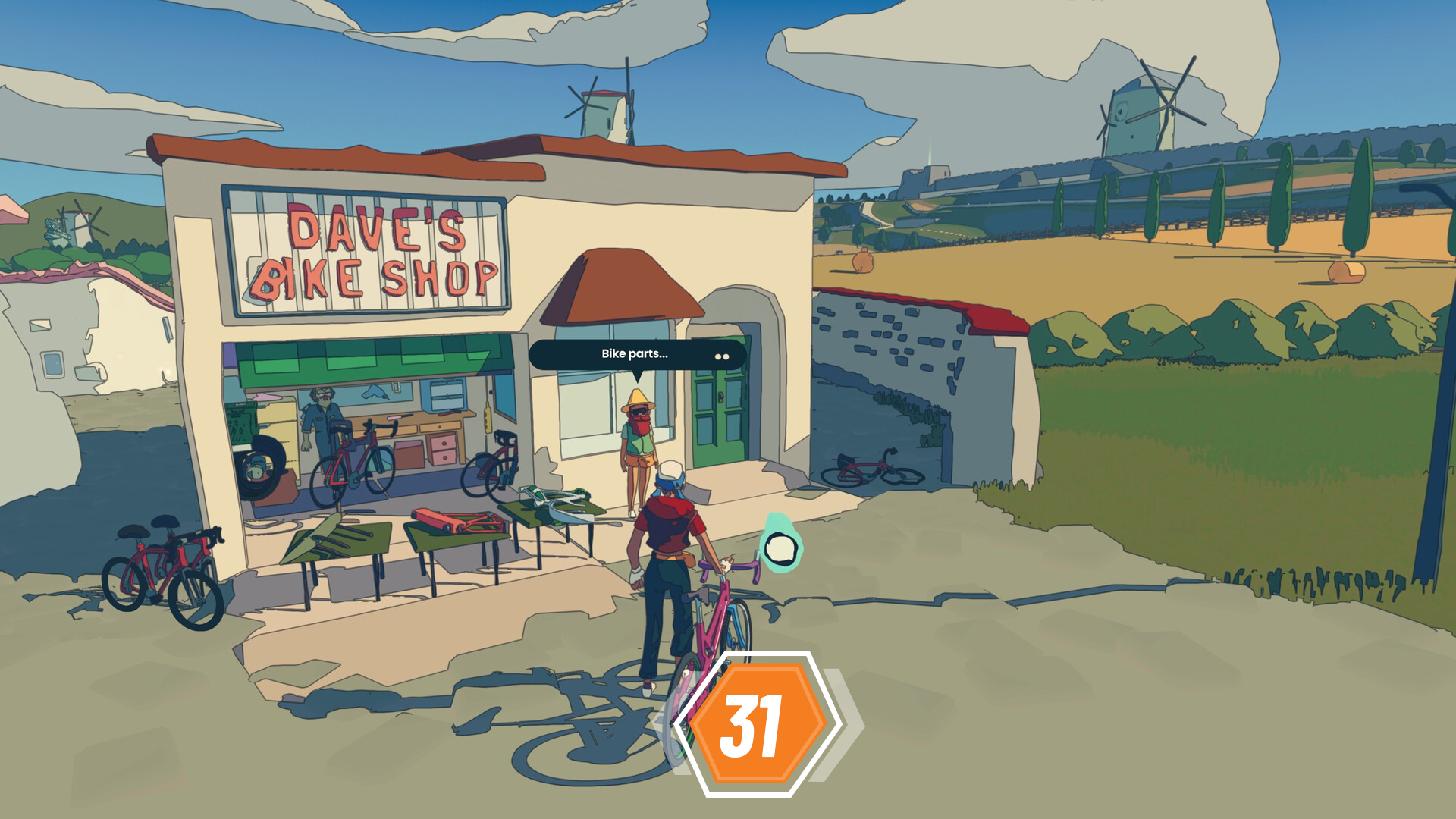 Wheel World screenshot showing a character taking a break from exploring to buy new bike parts from a vendor