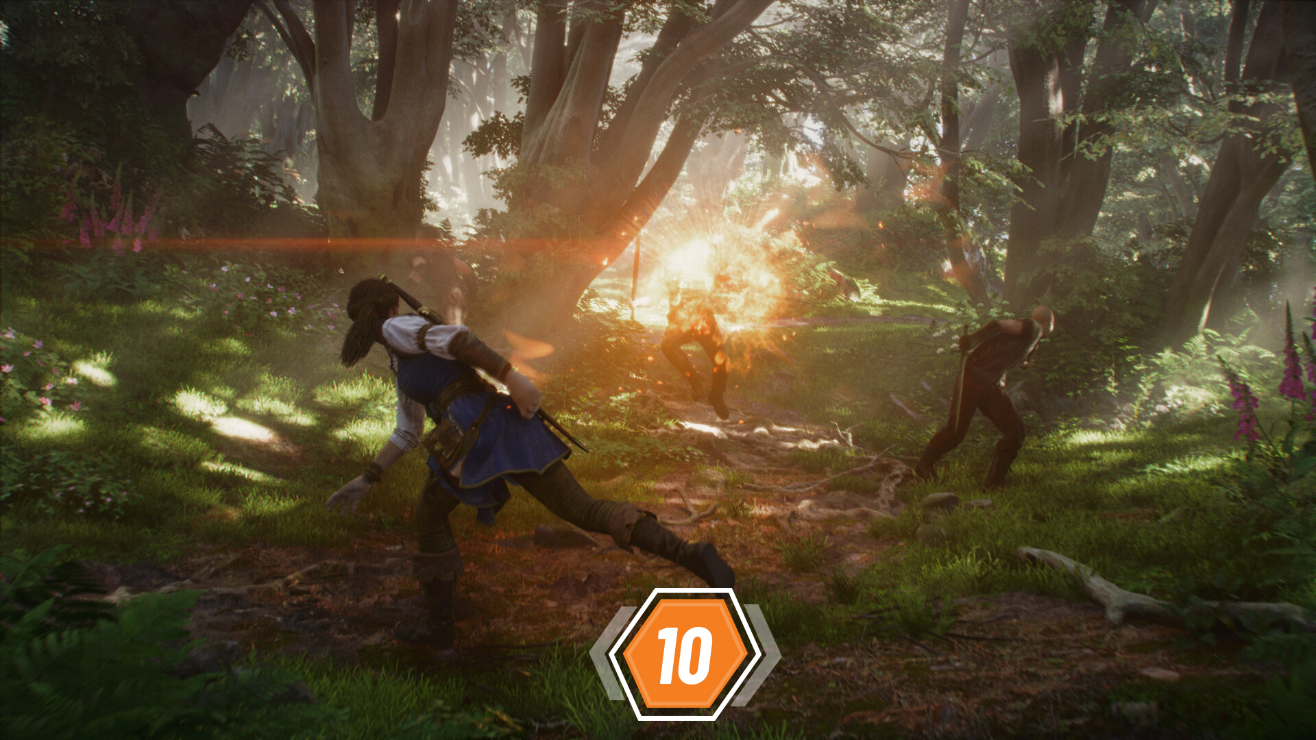 Fable 4 screenshot showing magical combat in a forest setting