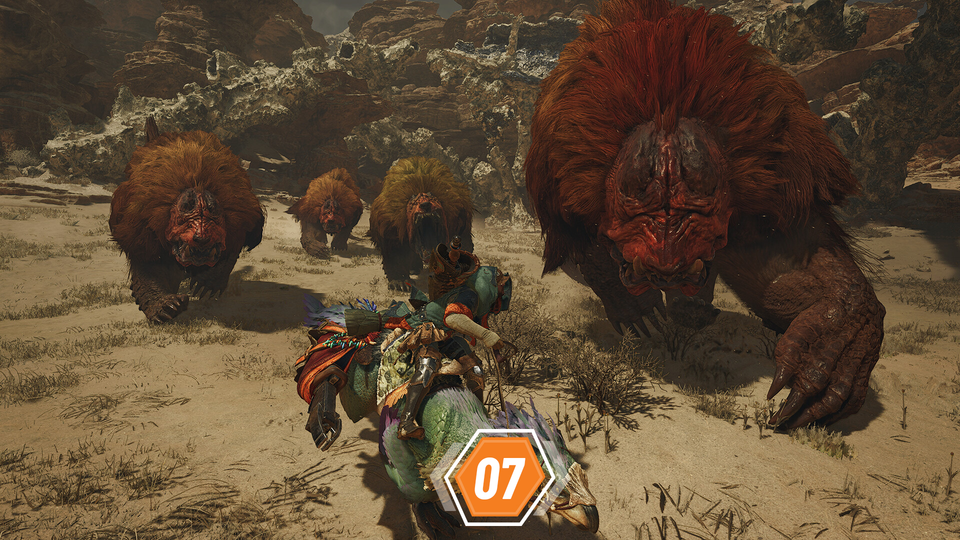 Monster Hunter Wilds screenshot showing three big creatures in pursuit of a hunter on horseback